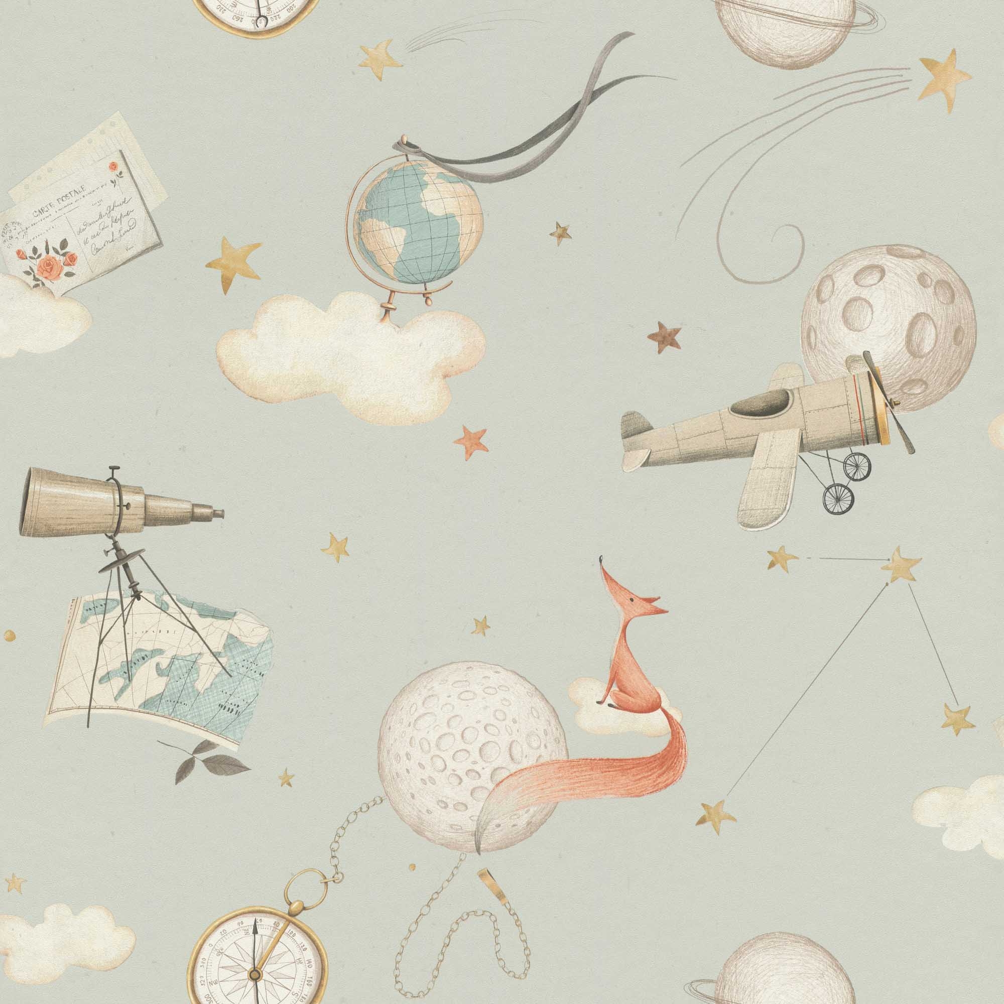 Tapete Vintage Sternenhimmel Vliestapete Tiere und Flugzeuge blau
