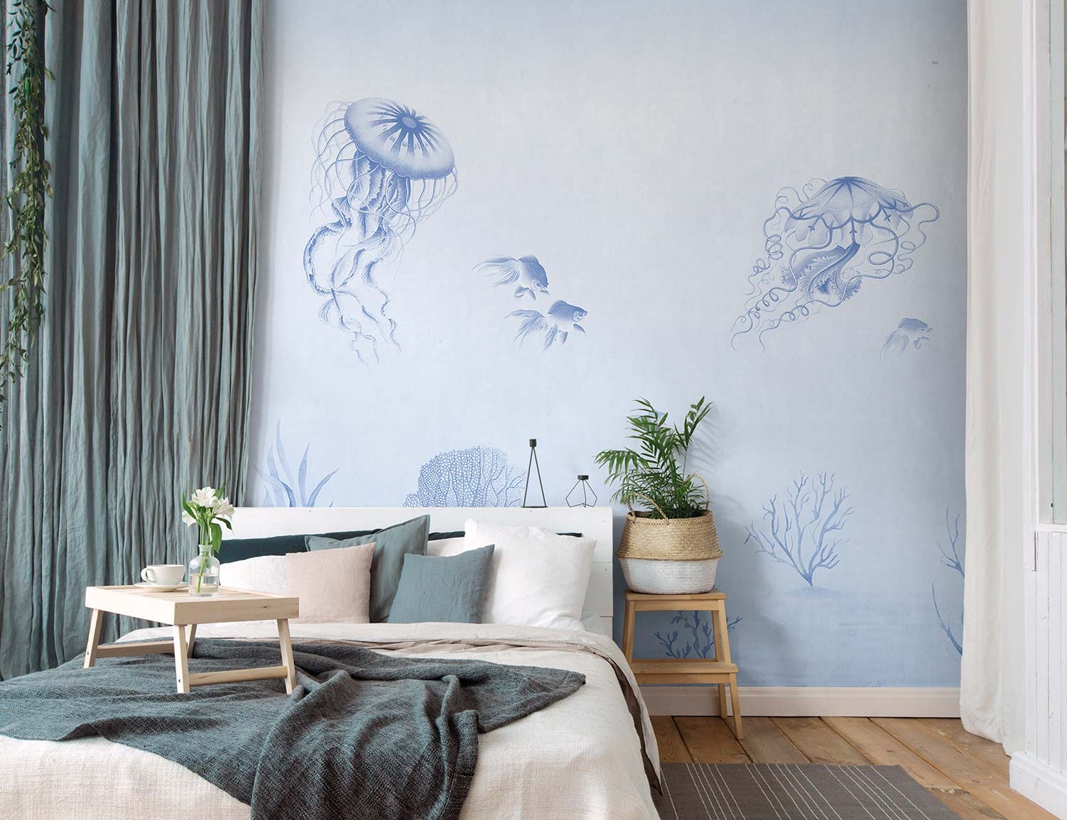 Unterwasser Wandbild Korallen Quallen blau Prägevlies