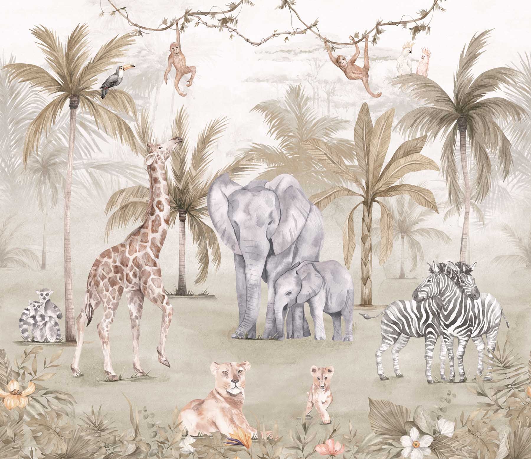 Wandbild Safaritiere Elefant Giraffe Zebra beige