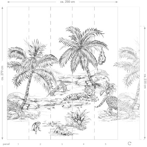 Wandbild Safari Tiere Zeichnung weiß 250 x 279 cm 357223