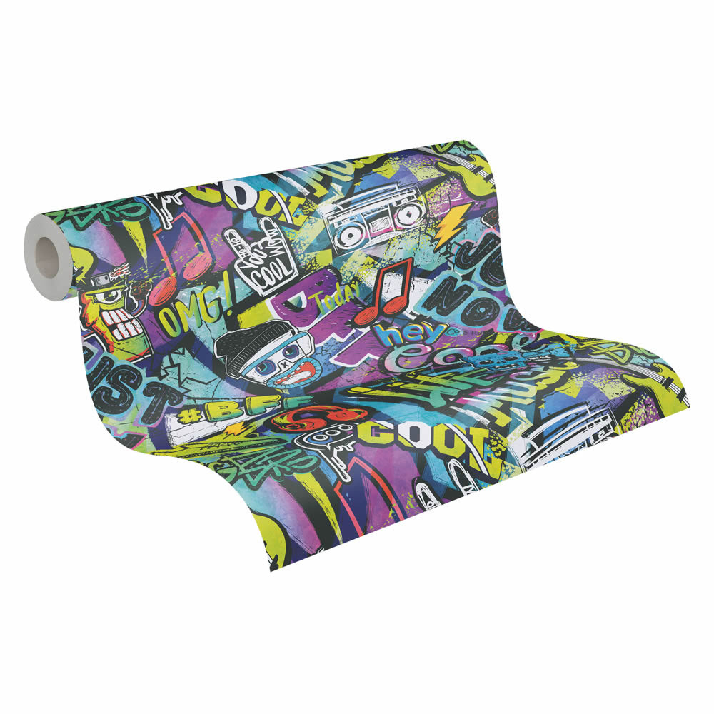 Mustertapete Vlies Graffiti farbenfroh bunt lila blau gelb 771421-8-771421