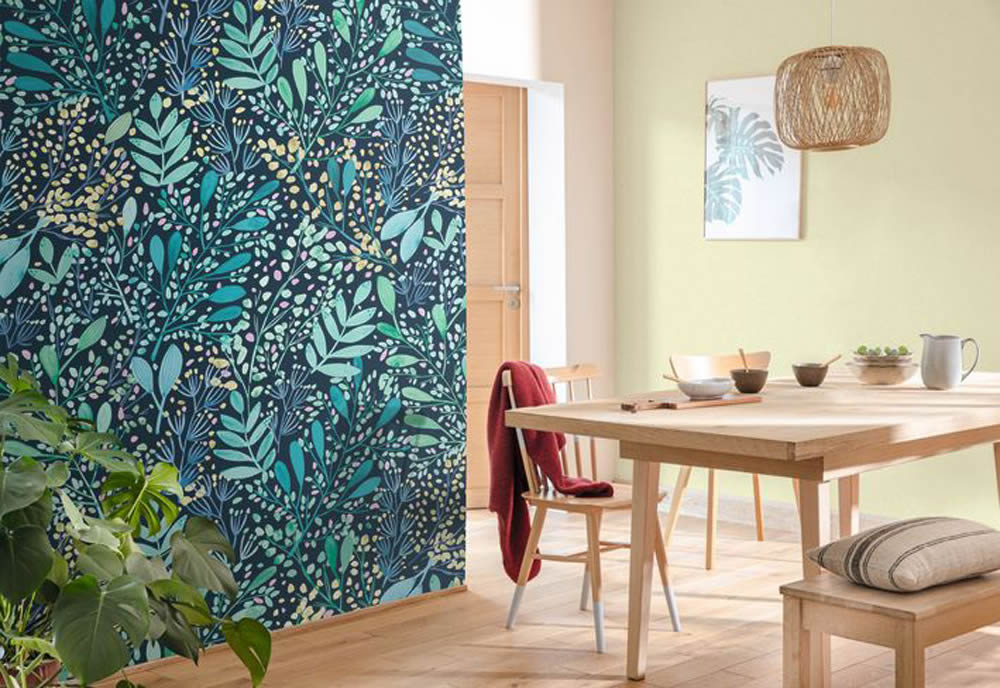 Wandbild M Blättermuster Tupfer glatt dunkelblau mint gelb PMW104707603-36-PMW104707603