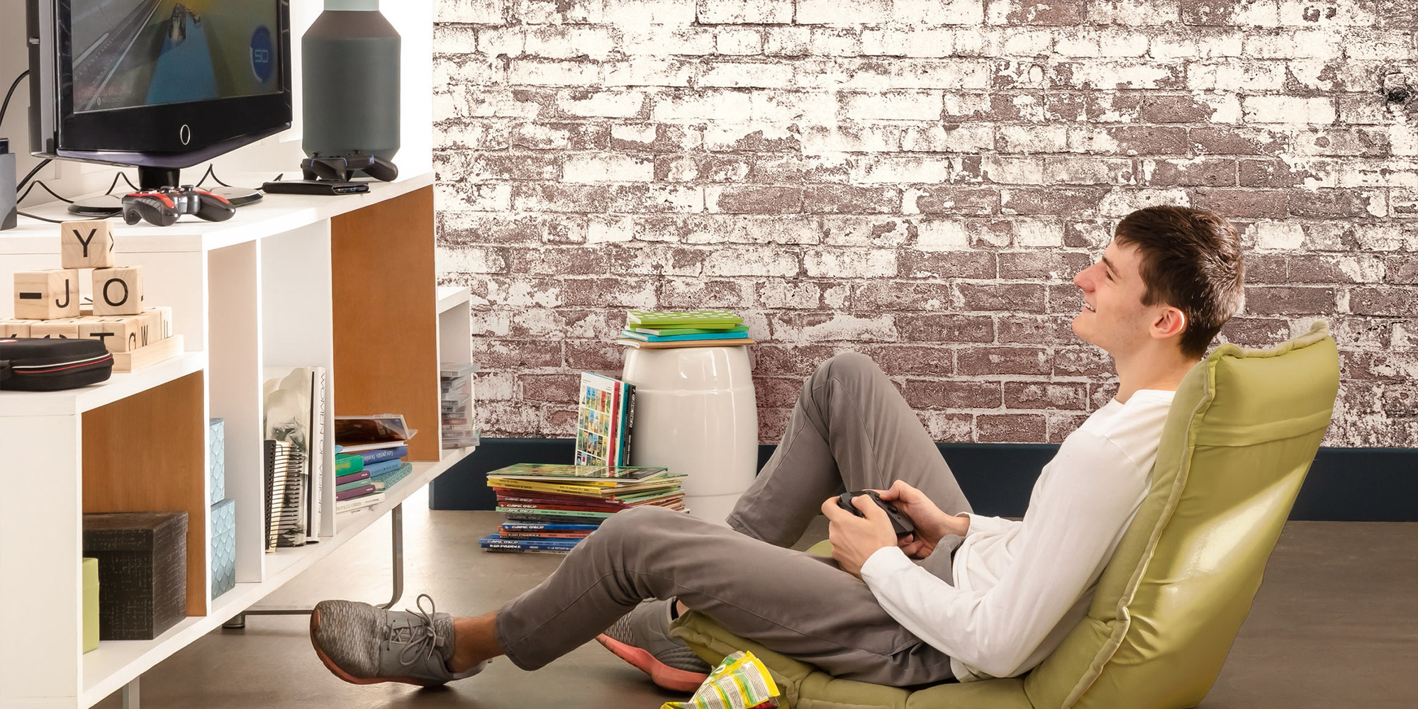 Steinmauertapete für einen rustikalen Industrial style Look im Jugendzimmer.