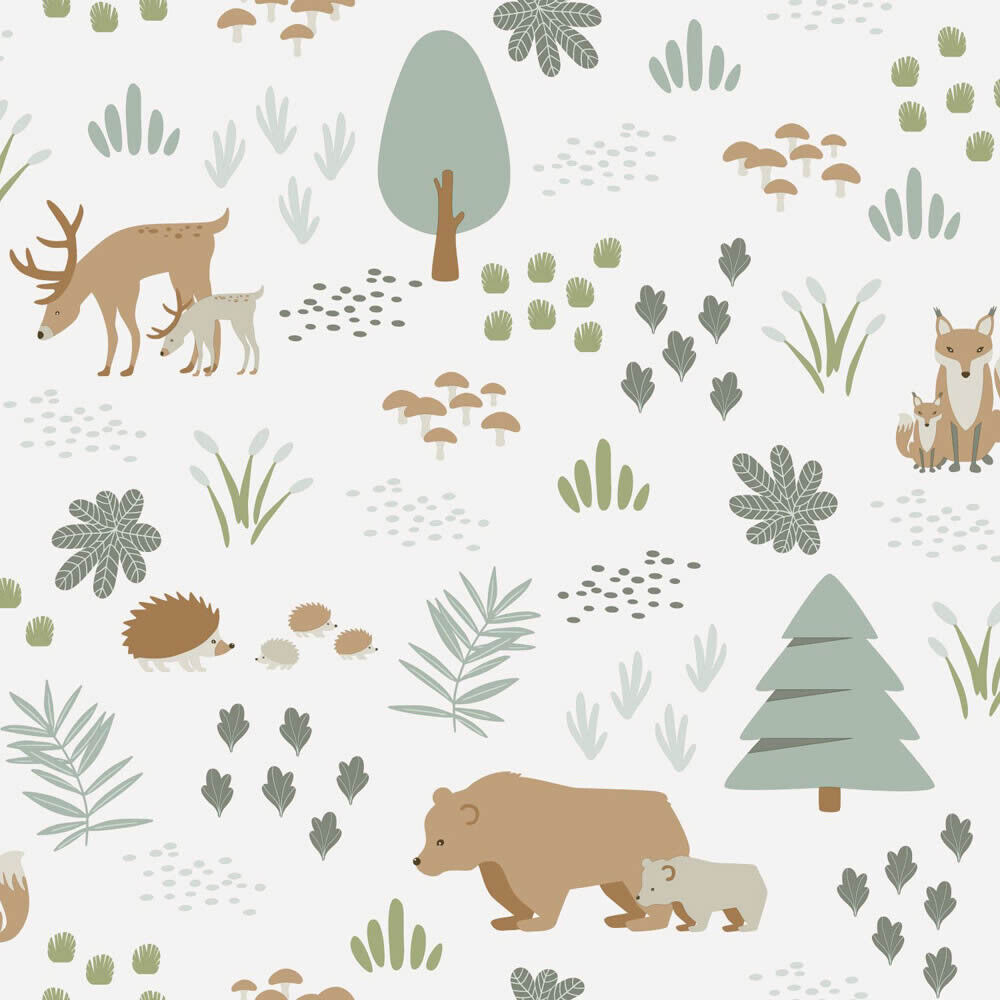 Bären und Rehe Weiß und mintgrün Vliestapete Woodland Rasch Textil 139247-23-139247.1M