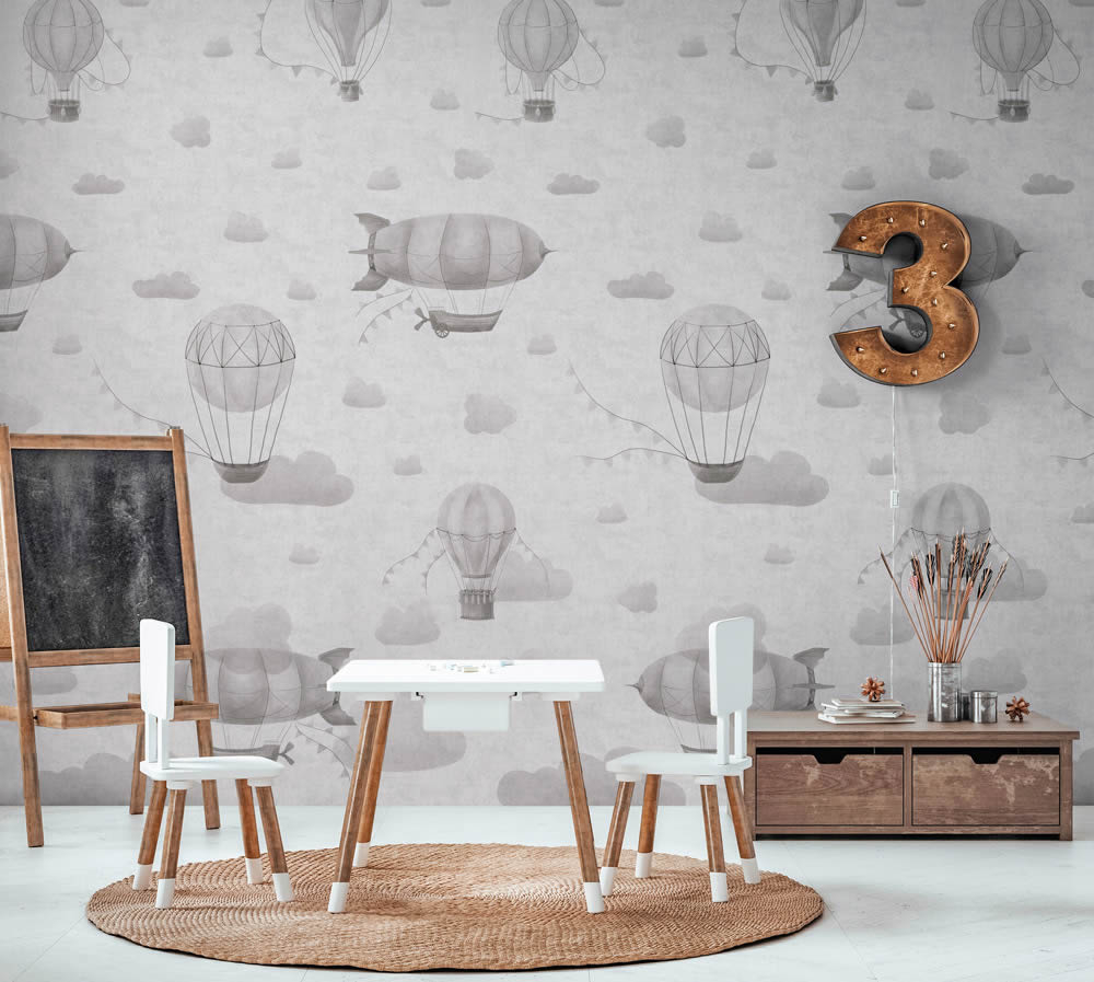 Wandbild Heißluftballon und Zeppelin Wolken matt grau 770612-8-770612