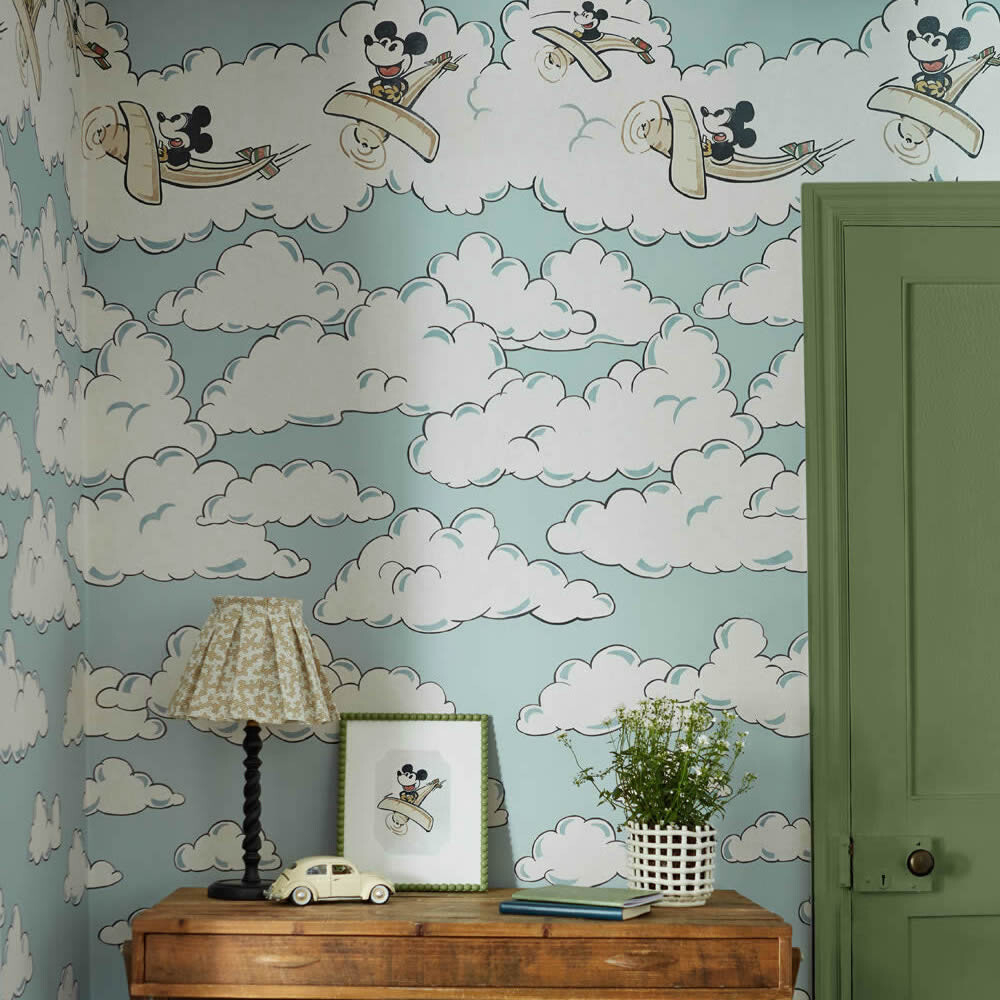 non-woven wallpaper Mickey Mouse on the plane Disney pastel blue DDIW217292-60-DDIW217292.1M