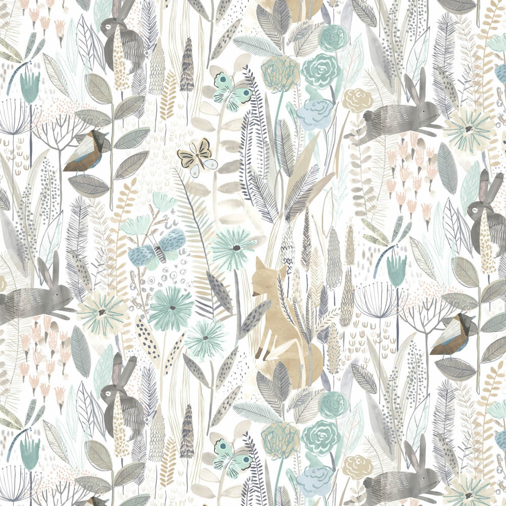 Tapete Fuchs Hase Blumen Tiere pastellfarben grau weiß HLTF112634
