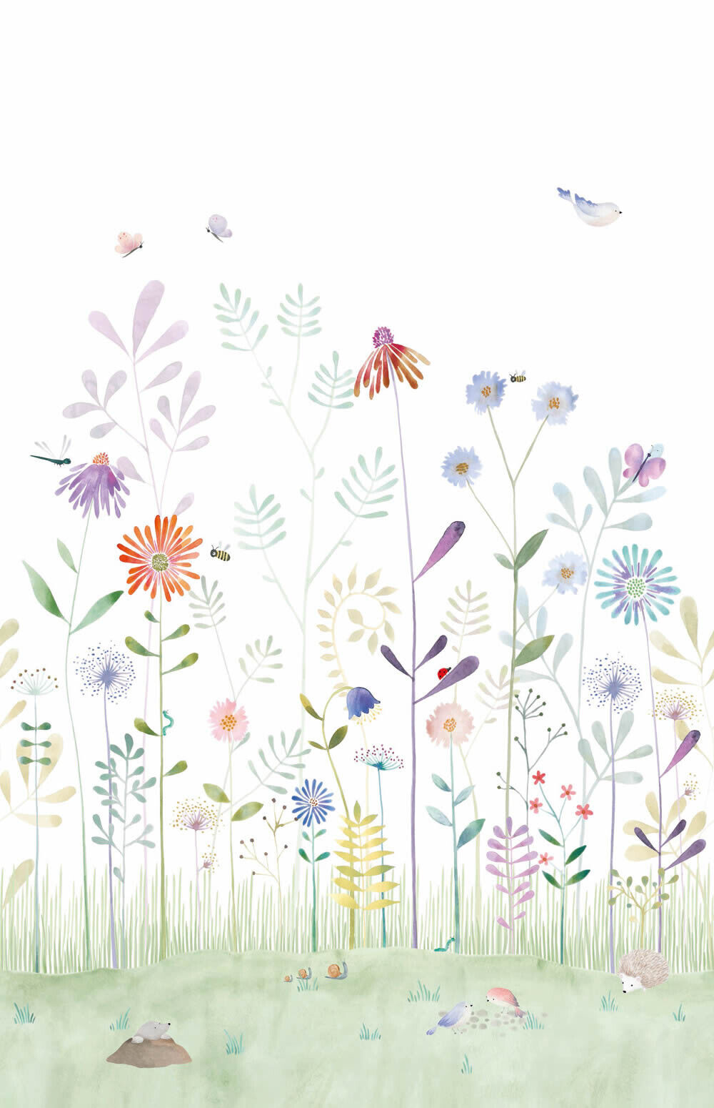 Wandbild 3,10 x 2,00 m Blumenwiese Wildblumen Schmetterlinge Igel pastellfarben-36-OUAT88287204