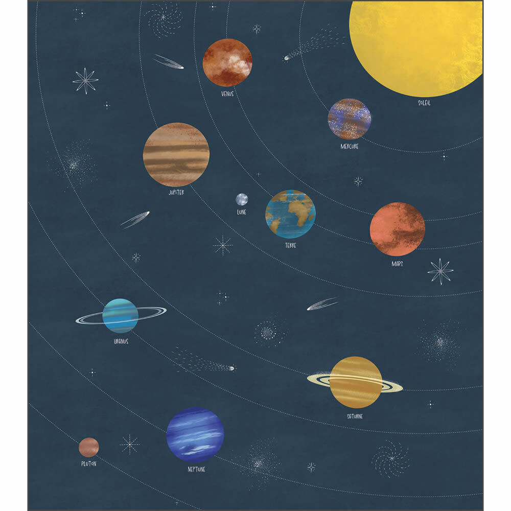 Wall panel M non-woven planets blue sun moon stars Les Minis Mondes Caselio MNM105797601