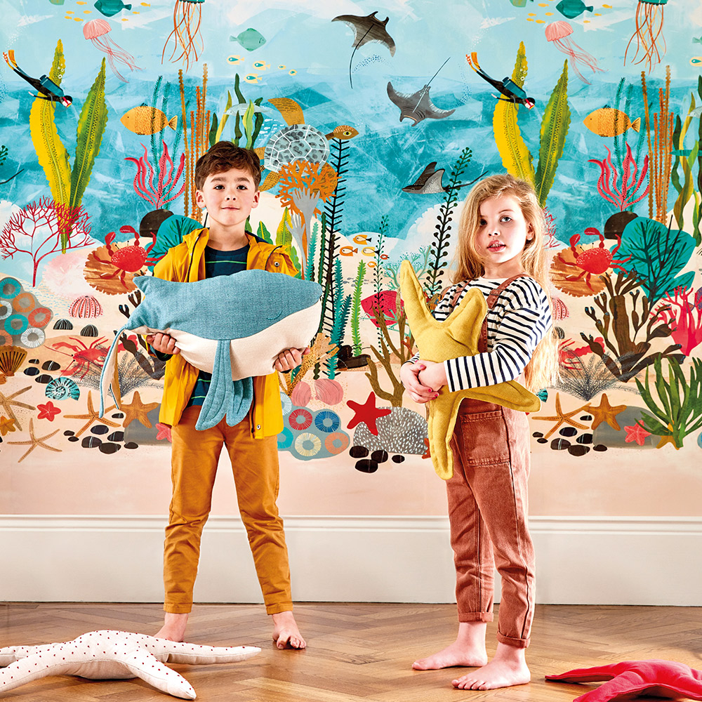 Wanbilder mit Korallen, Fischen und Tauchern für das Kinderzimmer.
