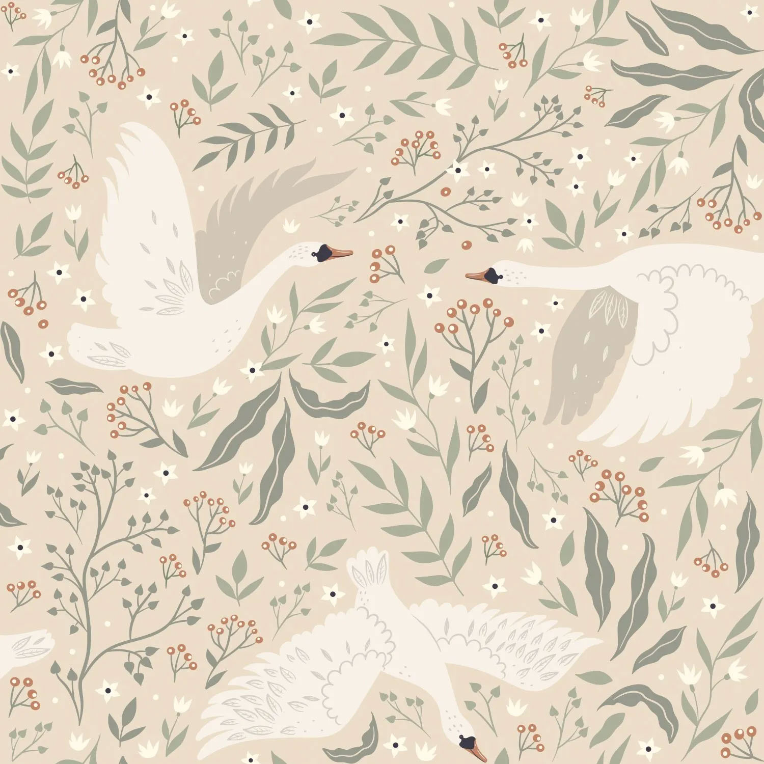 Wilder Schwan Naturtapete hübsche Blumen und Blätter creme