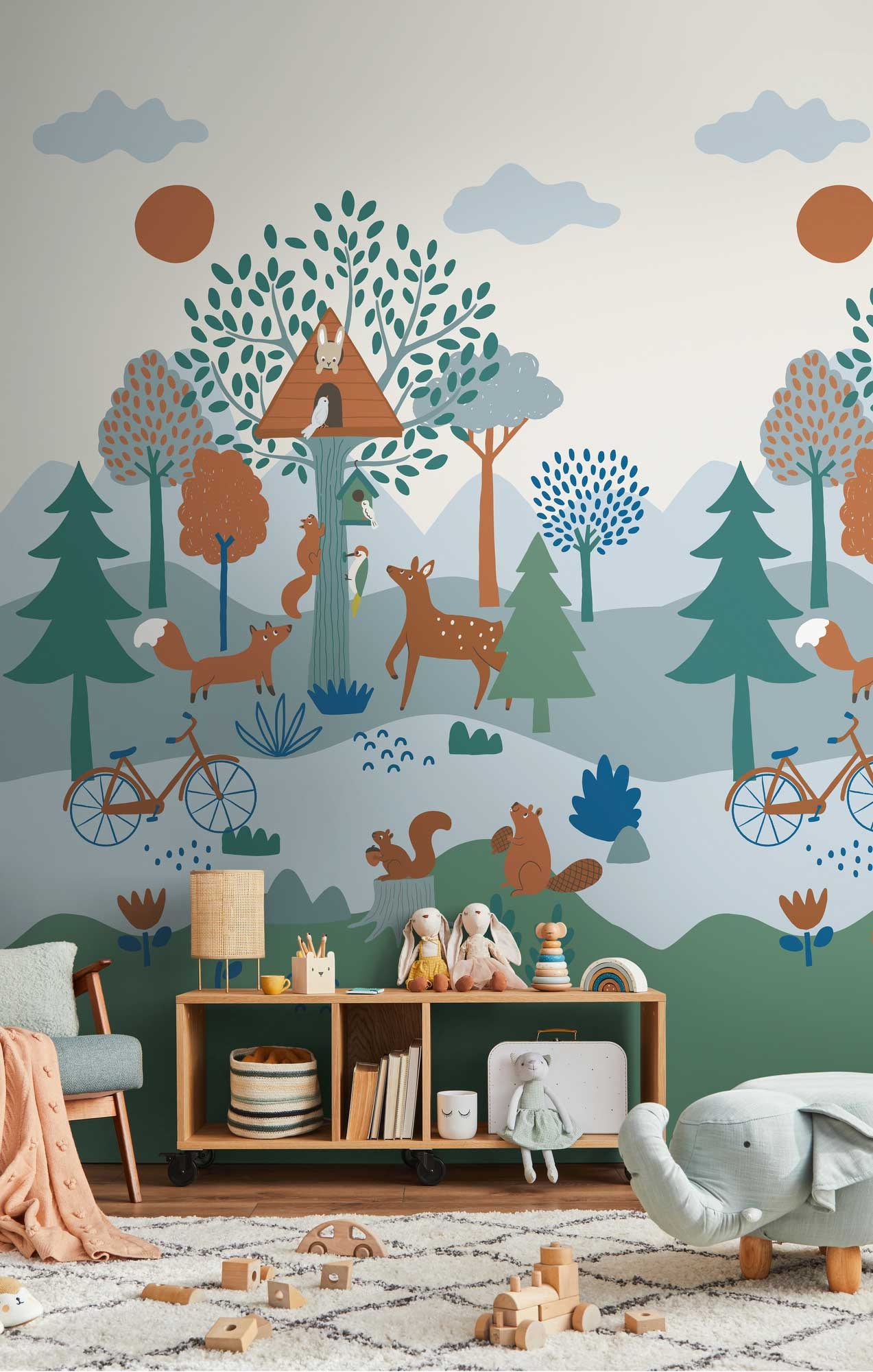 Wandbild Wald Fuchs Reh Waldtiere blau 159 x 280 cm 792882