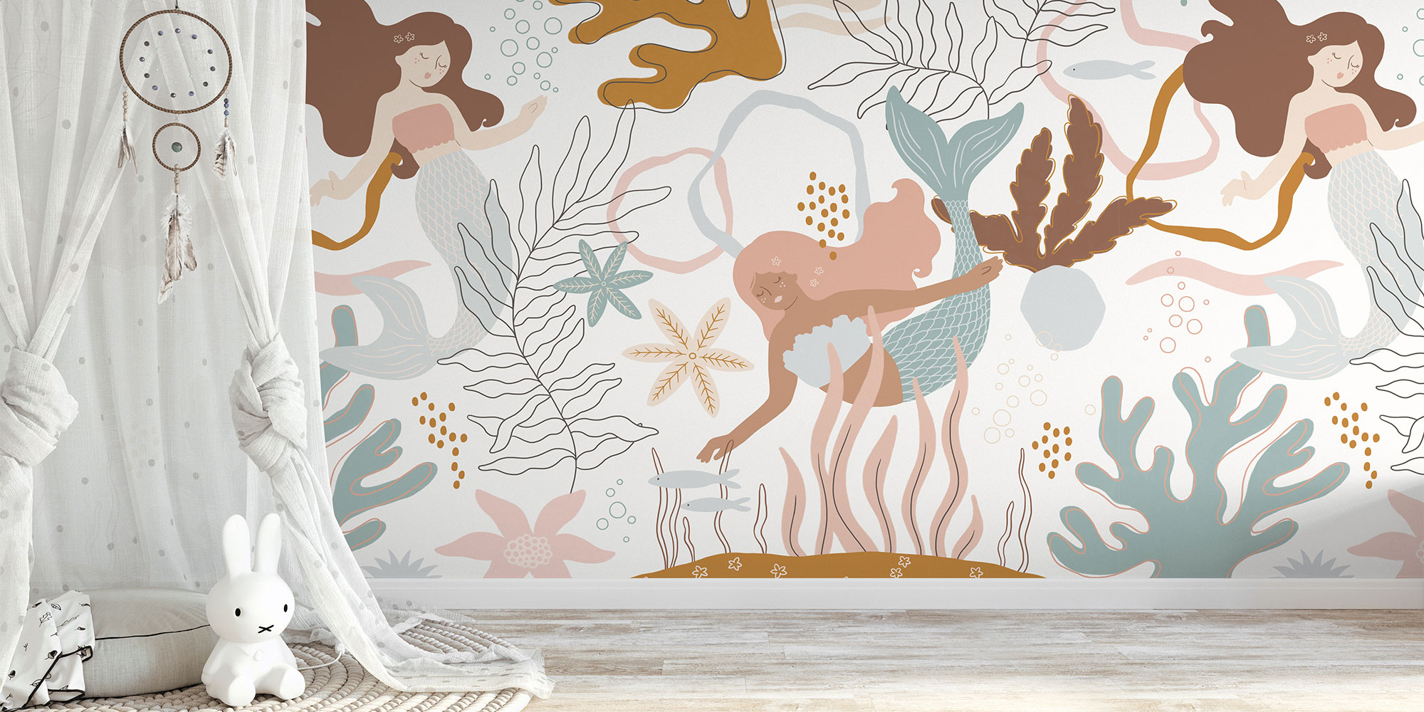 Pastellfarbenes Wandbild Kinderzimmer mit Meerjungfrauen und Korallen