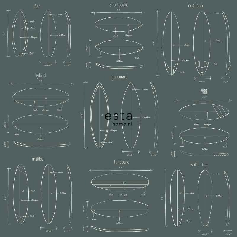 Surfbrett Tapete Zeichnungen graugrün Vlies 128870