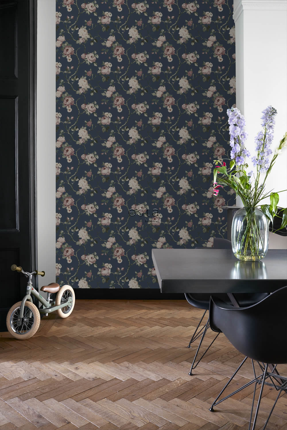 Tapete elegante Blumen Rosenblüten dunkelblau Vlies 139409