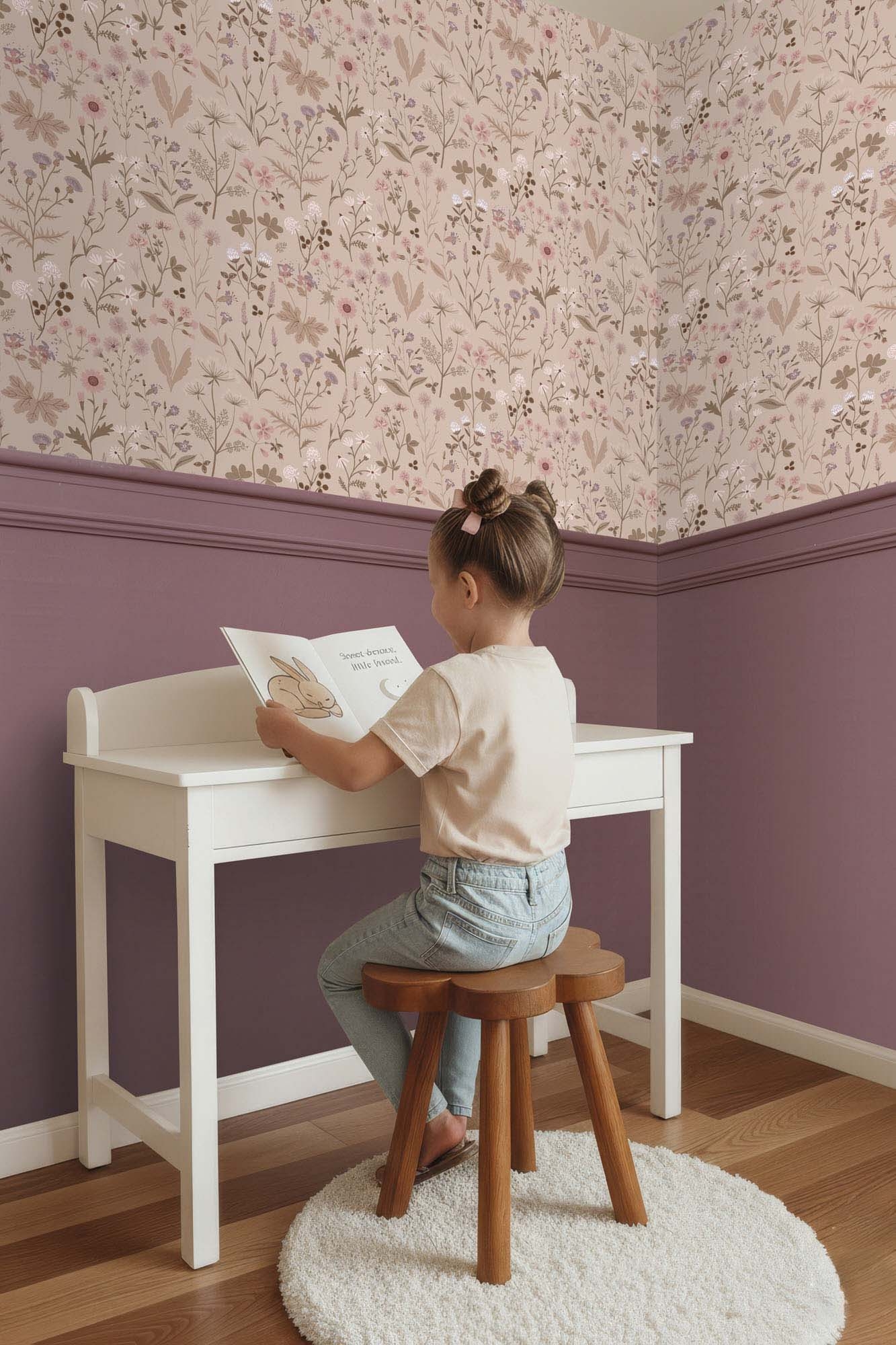 Wildflowers floral pattern wallpaper girls room dusty pink