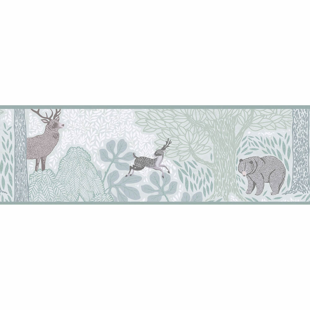 Bordüre Wald Wildtiere Reh Bär Hirsch Blättermuster mint 771751-8-771751