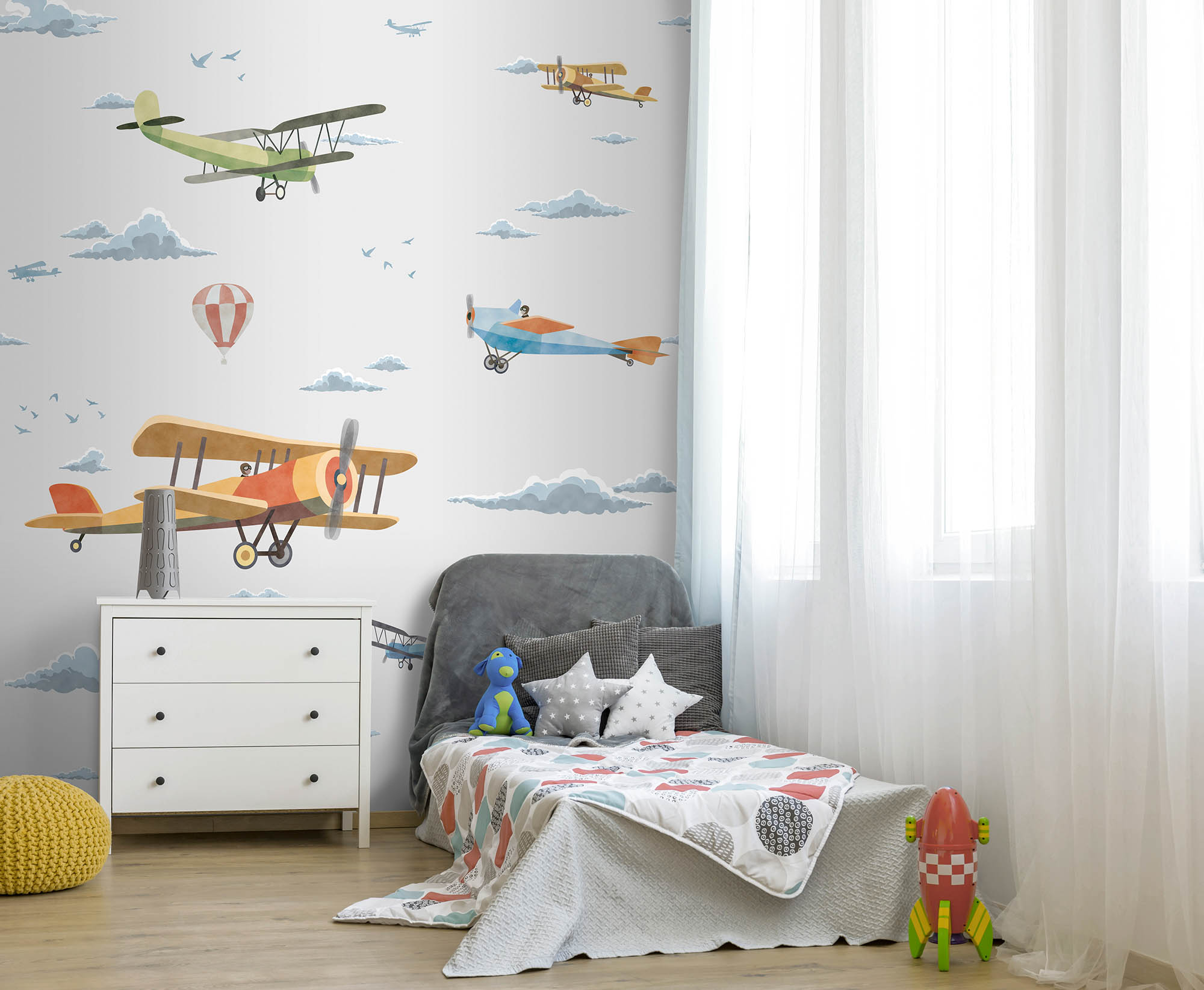 Wandbild Flugzeuge Doppeldecker Wolken grau Prägevlies
