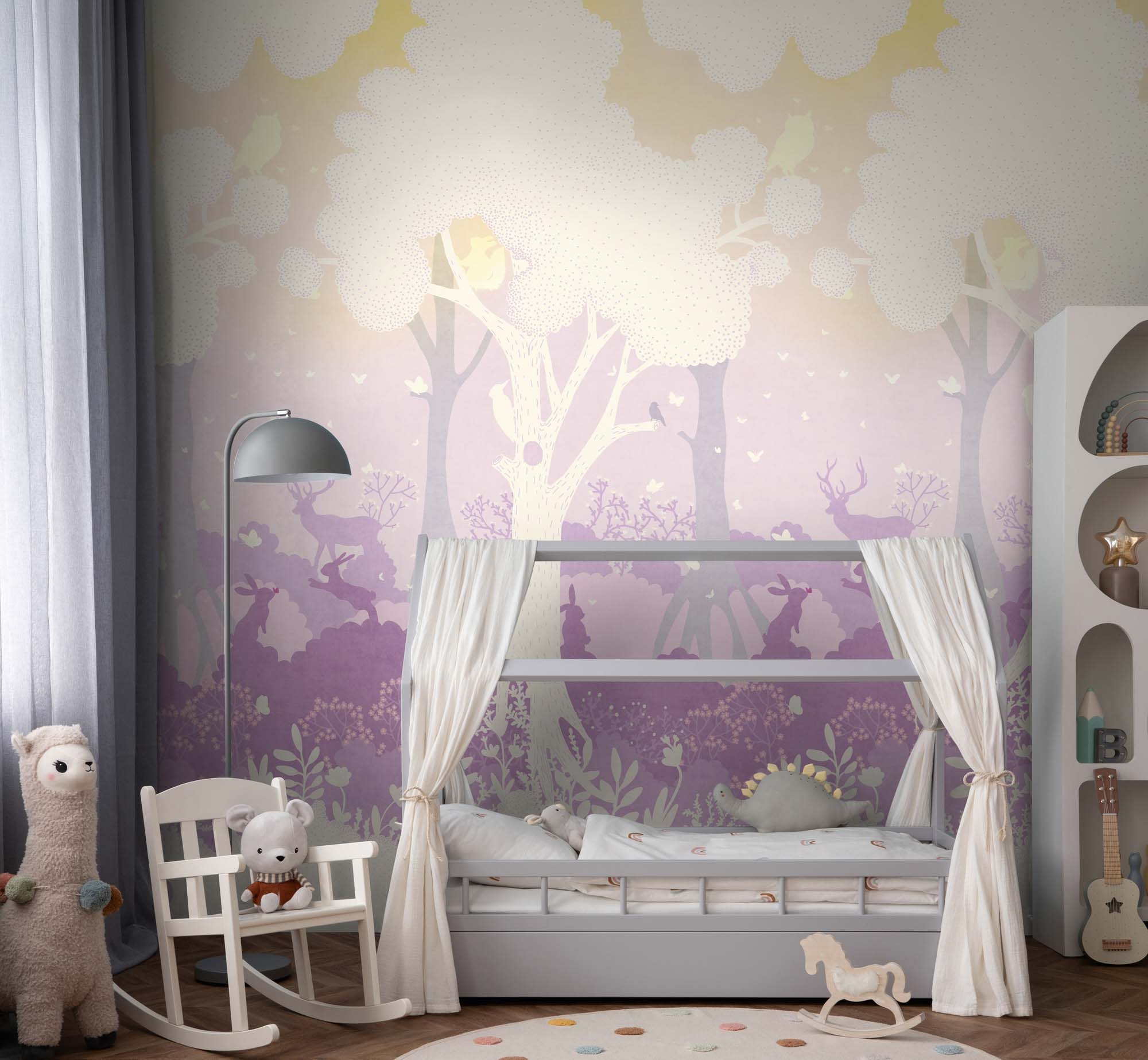 Wandbild Zauberwald Tiere lila gelb 159 x 280 cm 792894