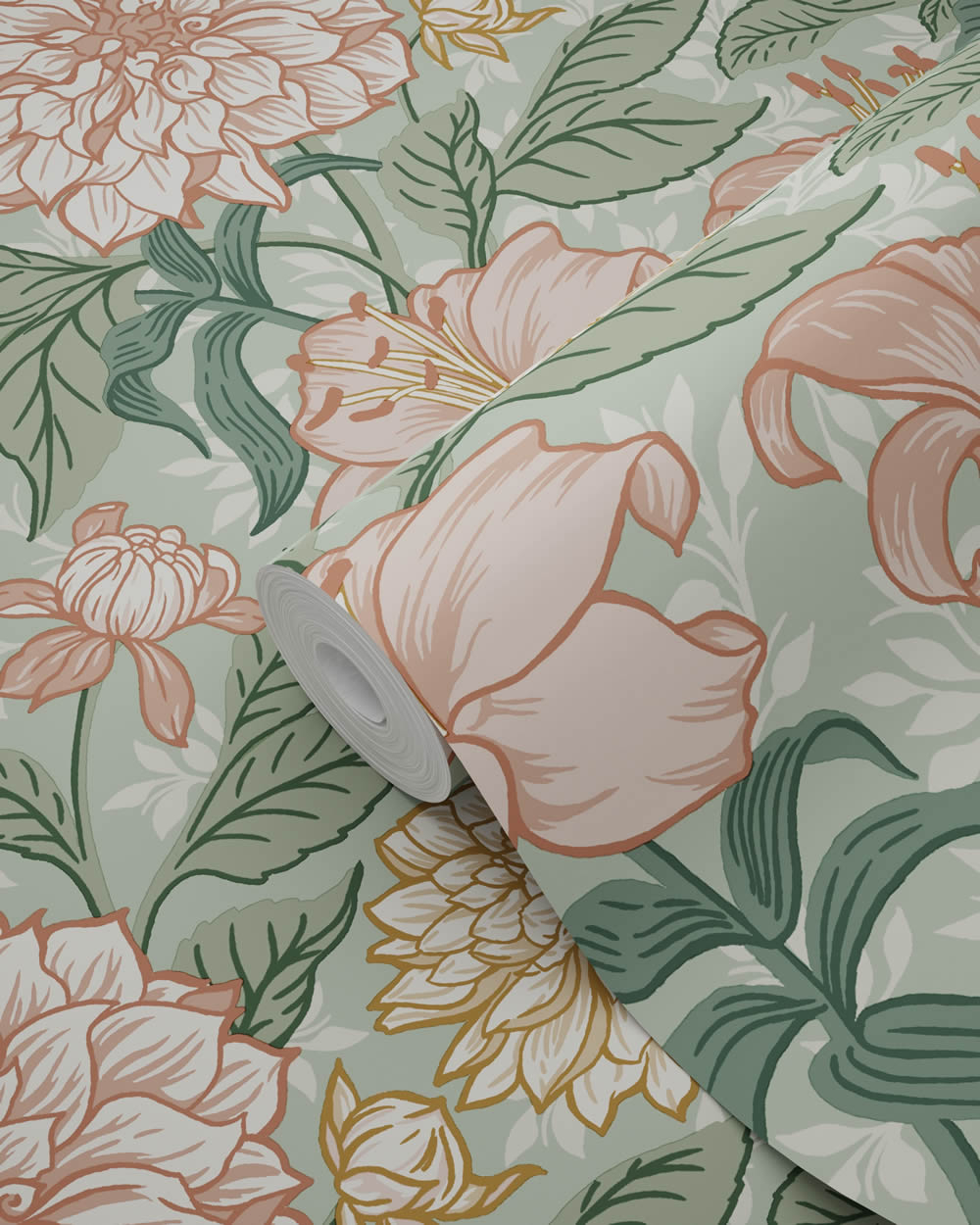 Tapete Vintage Blumen große rosa Blüten grün Vlies 139378