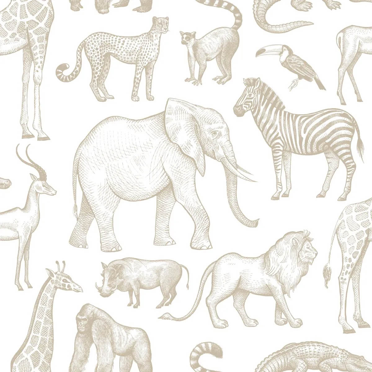 Tiermuster Bleistiftzeichnung Vlies Elefant Krokodil weiß
