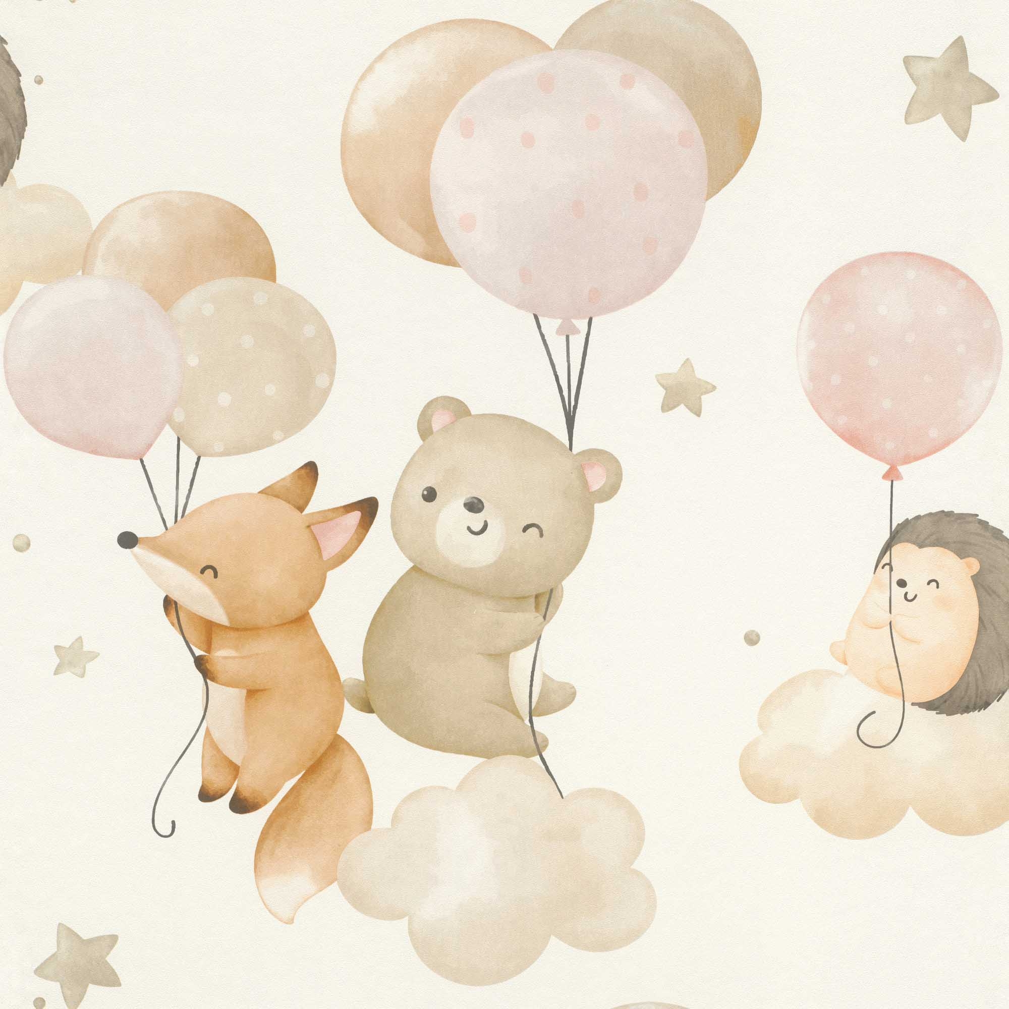 Tapete Wolken und Luftballons Tiertapete Fuchs Igel und Bär rose
