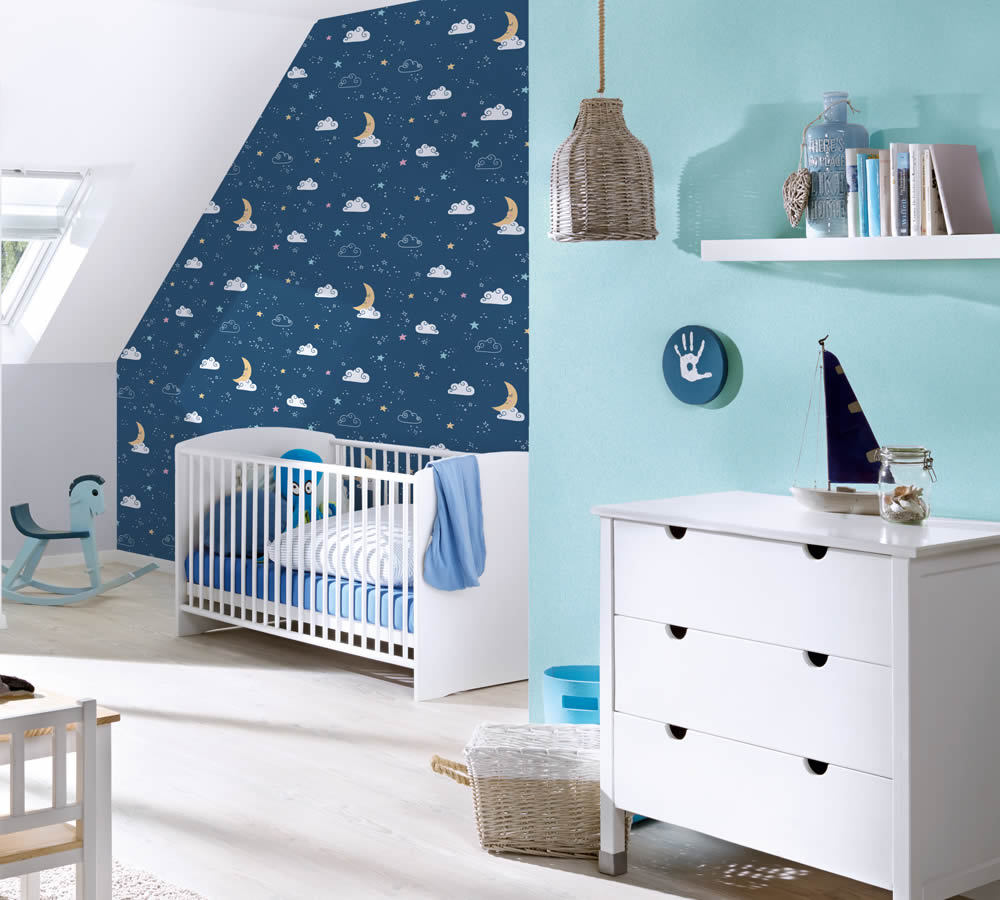 stars, moon and clouds non-woven wallpaper dark blue Little Love AS Creation 381411-8-381411.1M