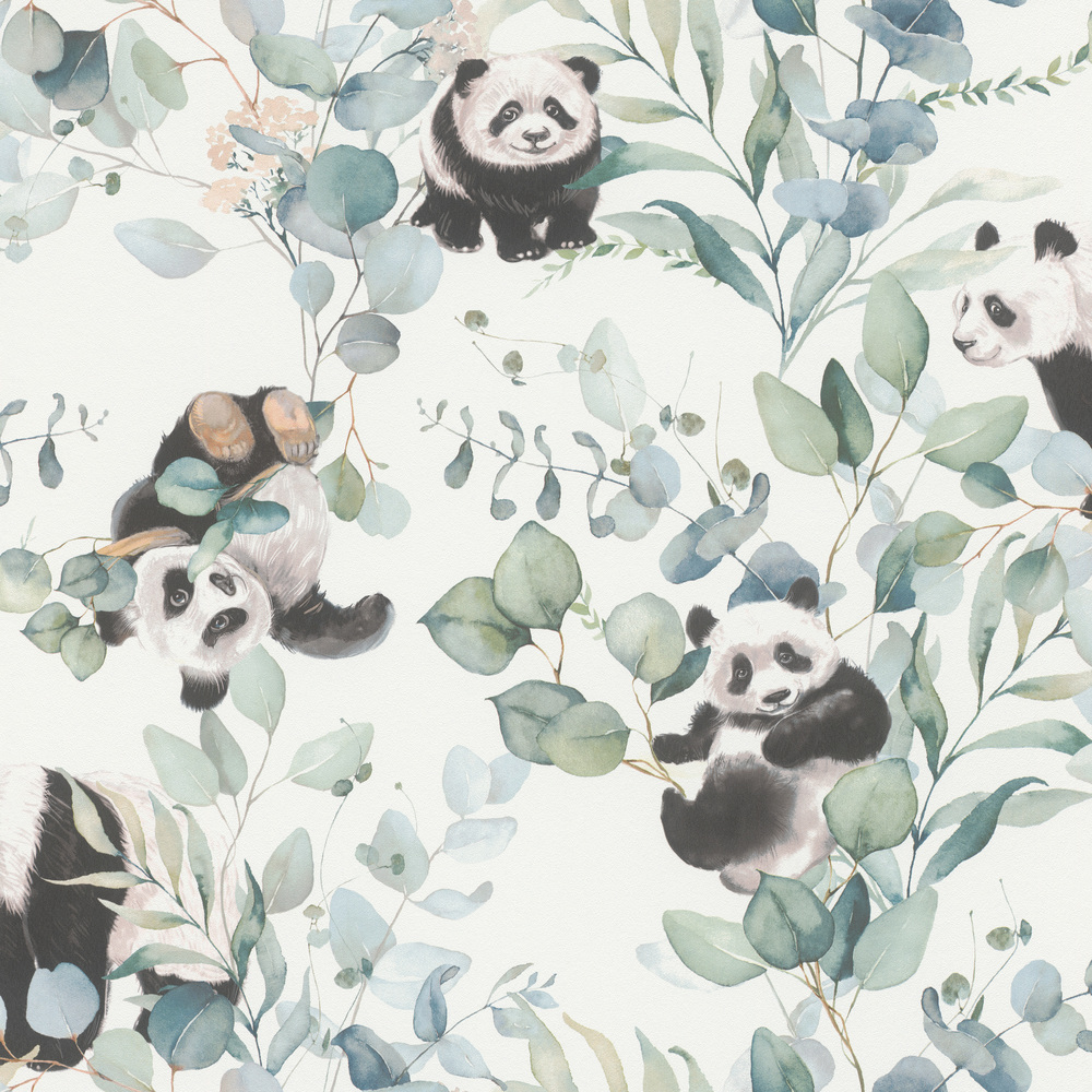Vliestapete Eucalyptus Pandabären pastellfarben Grün Kids World Rasch 301144_L