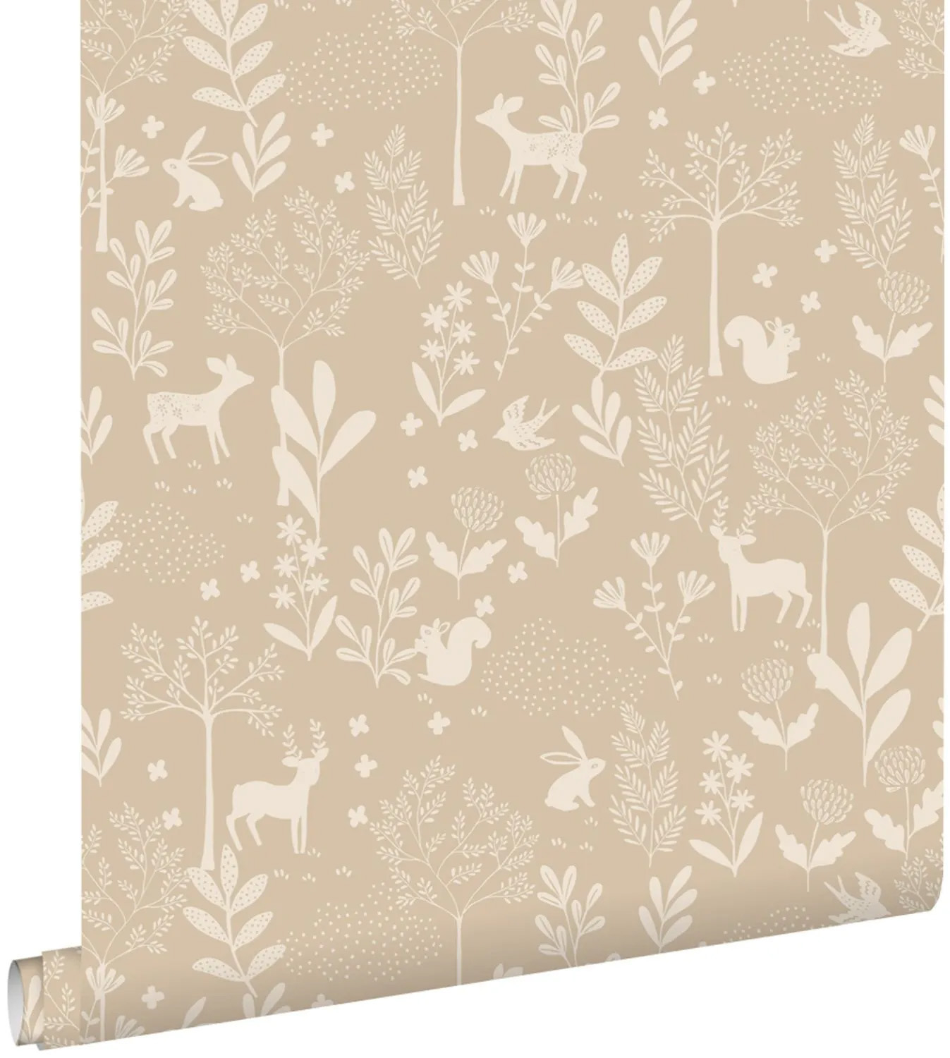 Skandinavische Wildblumen und Waldtiere Vliestapete beige
