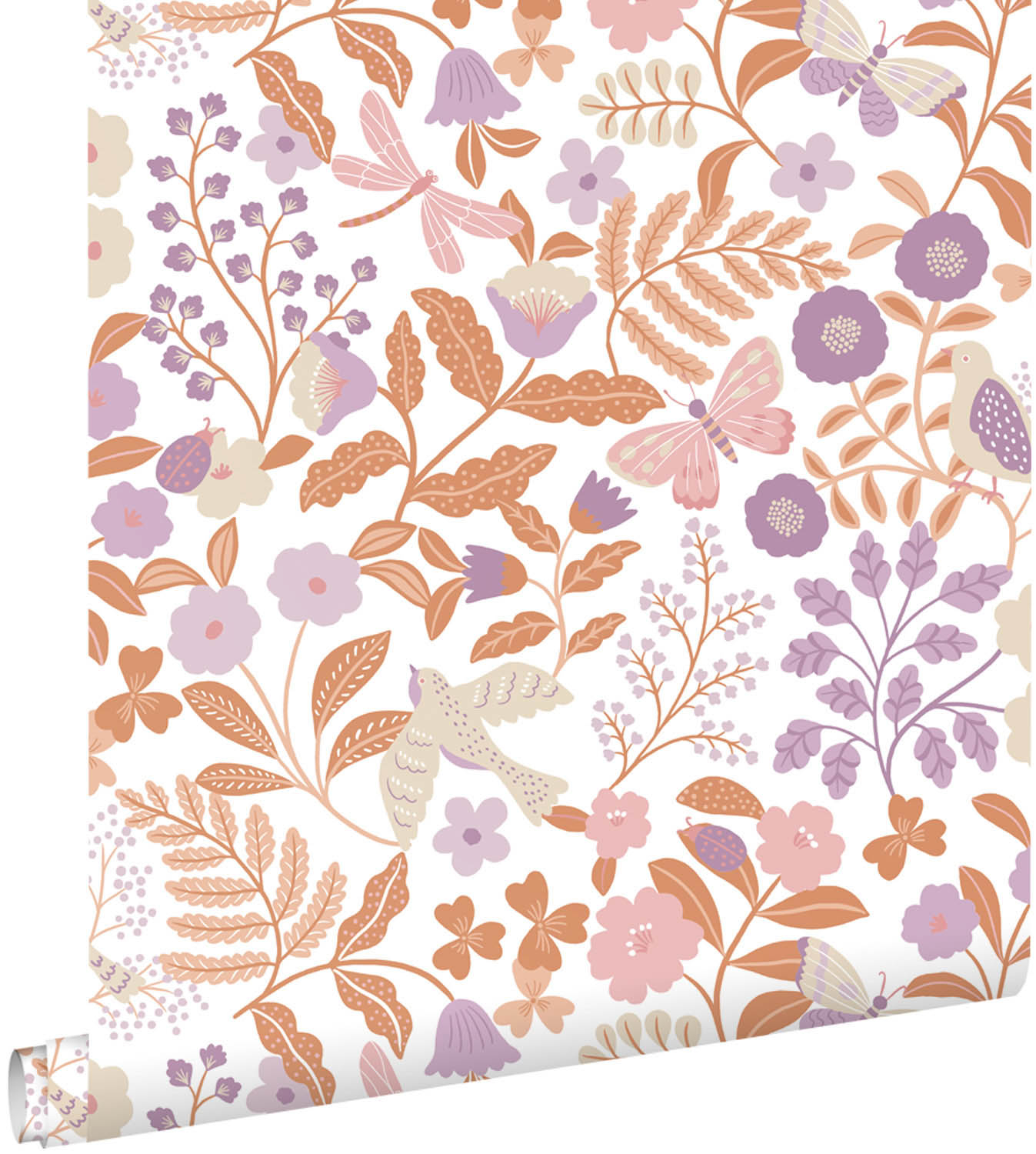 Florale Vliestapete Blumenmuster und Schwalben weiß orange