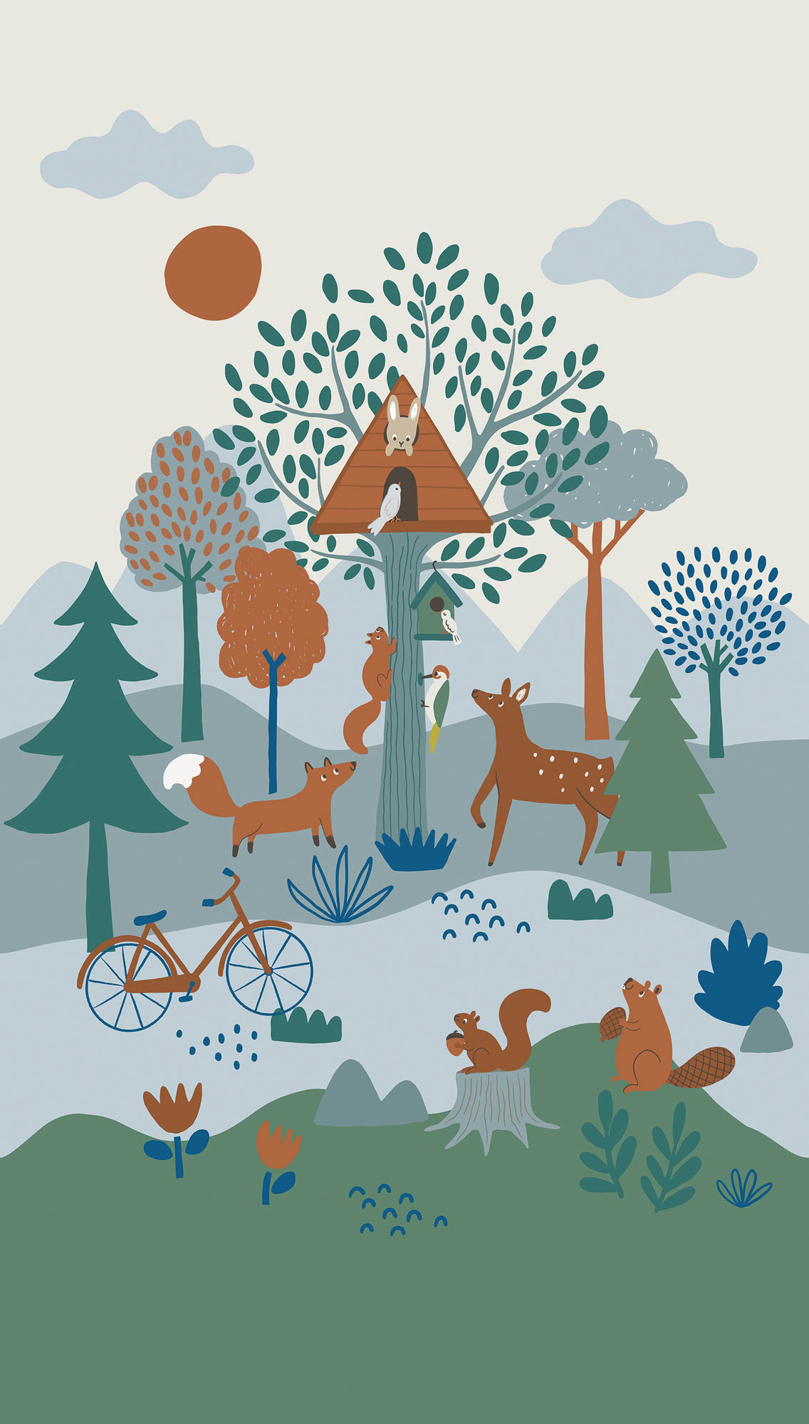 Wandbild Wald Fuchs Reh Waldtiere blau 159 x 280 cm 792882