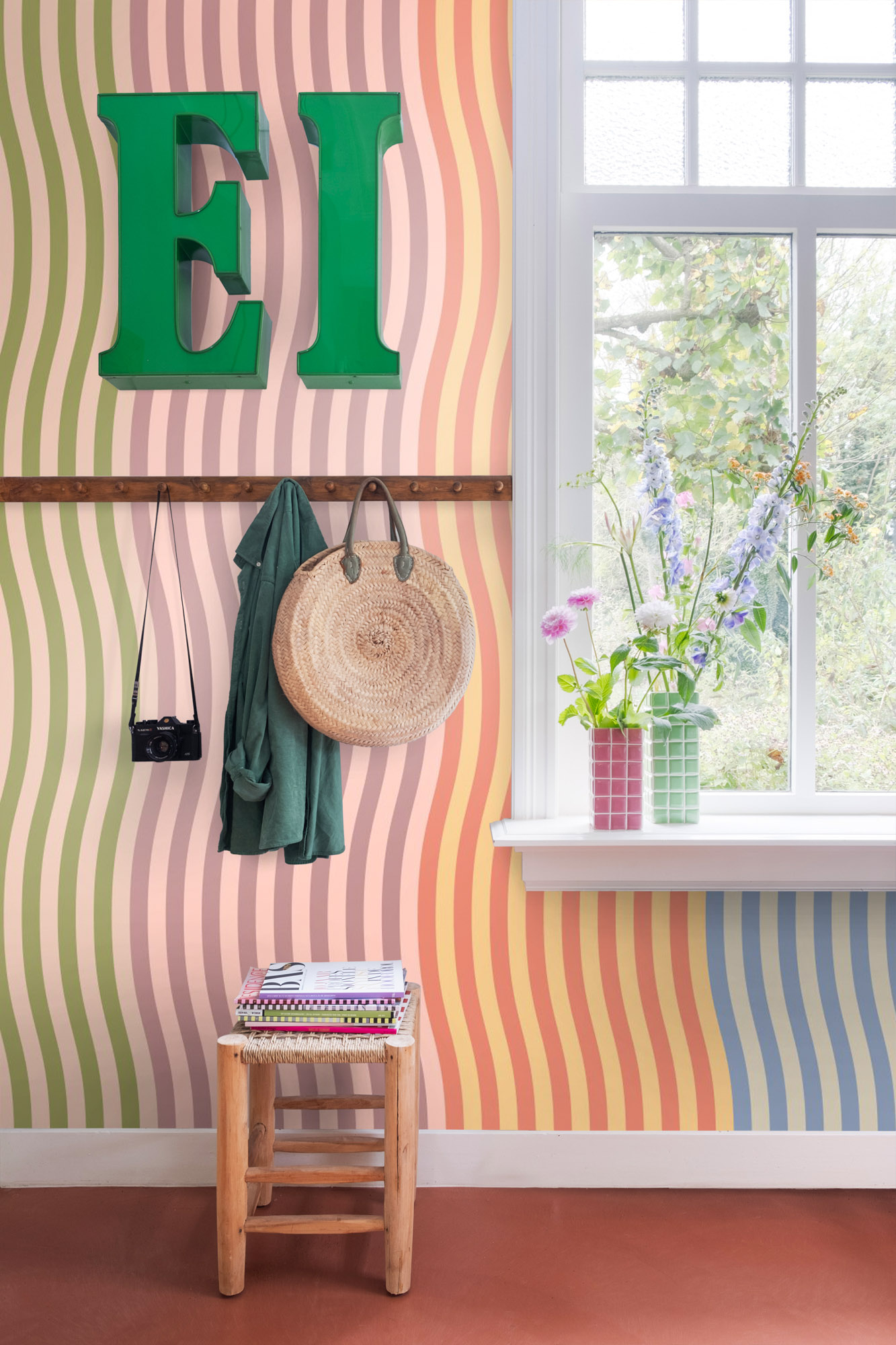 Wandbild Wellenmuster rosa orange blau 300 x 279 cm 159511