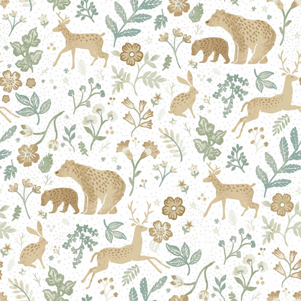 Waltiere Tapete Bären Rehe Hasen Blumen grün braun 139586