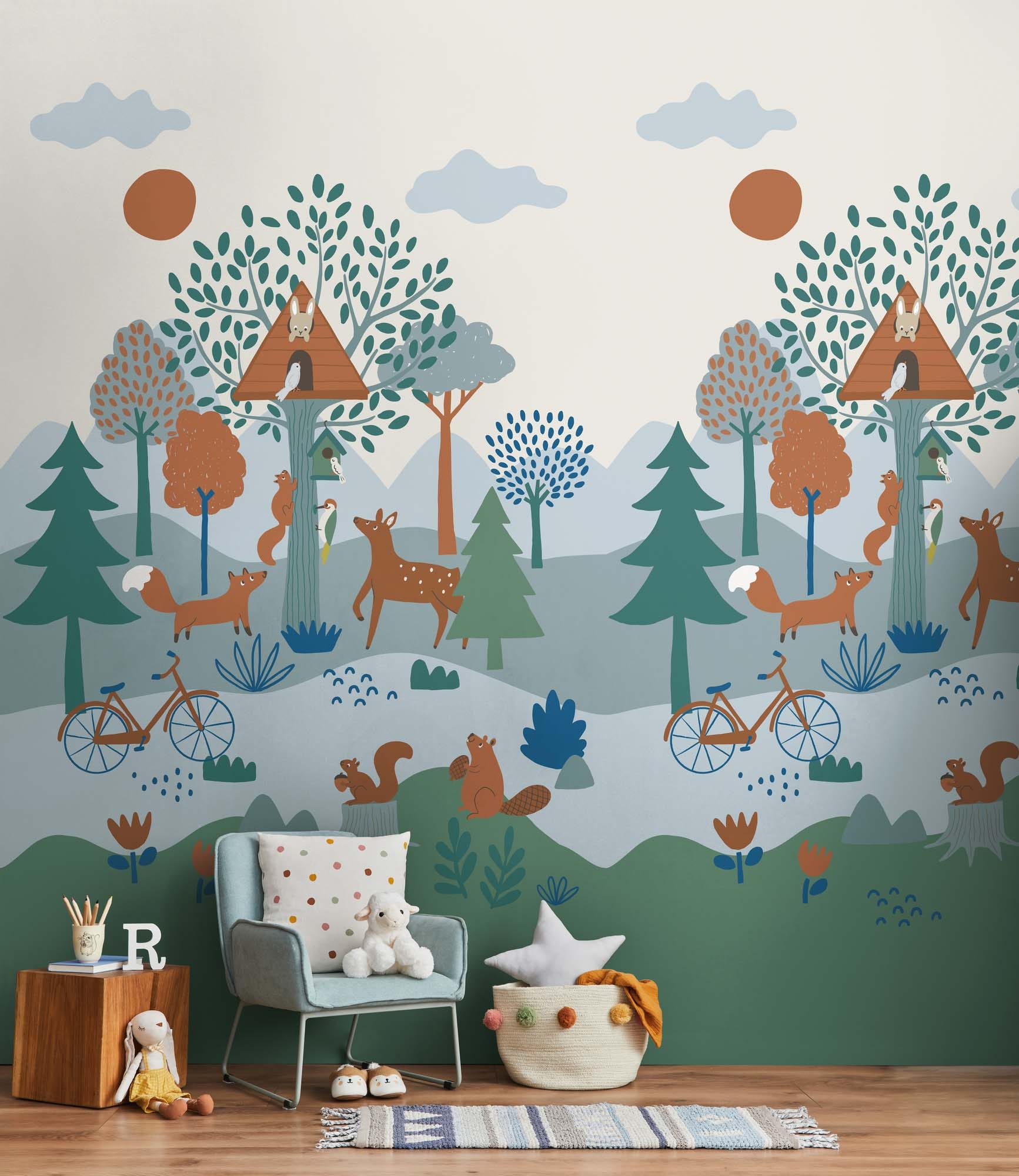 Wandbild Wald Fuchs Reh Waldtiere blau 159 x 280 cm 792882