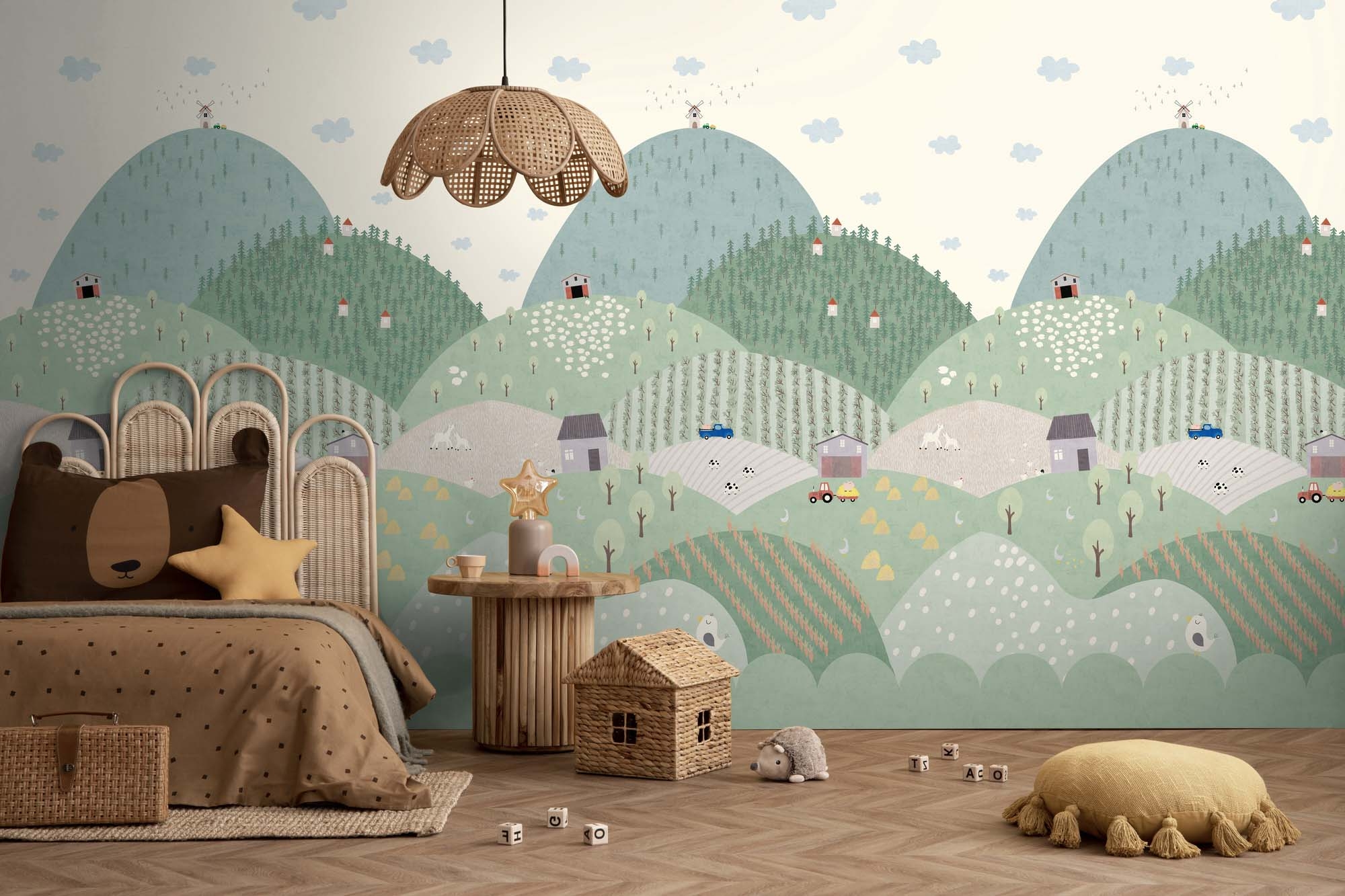 Wandbild Bauernhof Hügel Felder grün 159 x 280 cm 792892