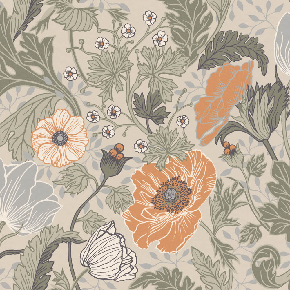 Mohnblumen Grün und apricot Vliestapete Grönhaga Rasch Textil 133001-23-133001.1M