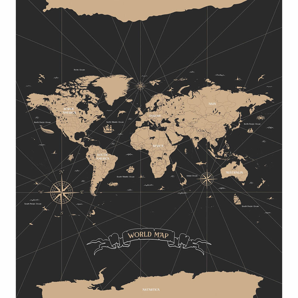 World map mural black and cream Caselio - Young and free Texdecor YNF103419201-36-YNF103419201