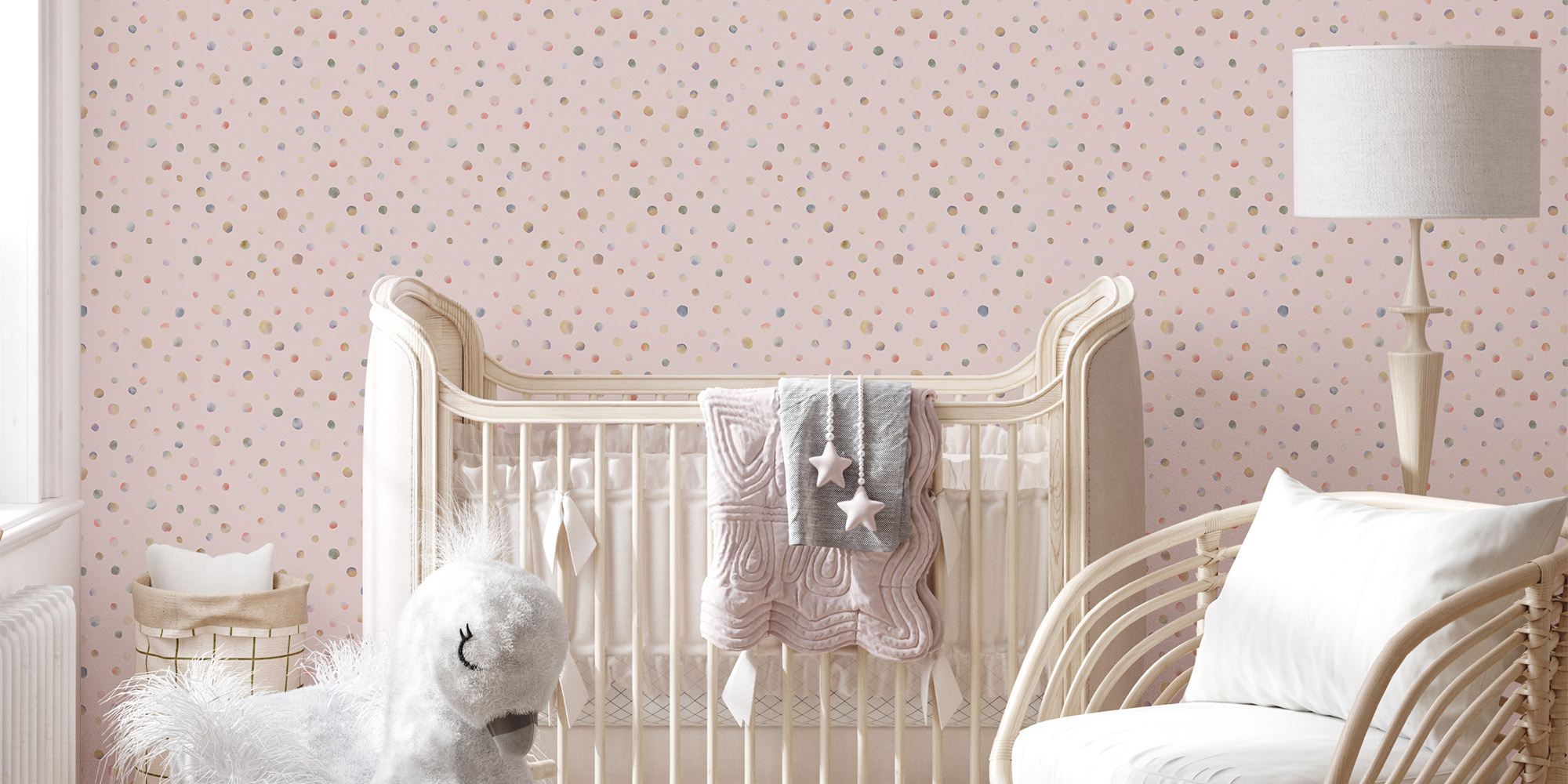 Rosa Mädchentapete aus PVC-freiem Vlies mit pastellfarbene Kreisen