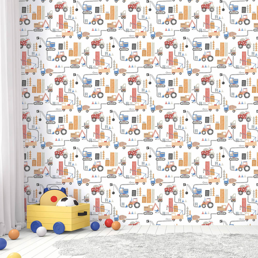 Colorful tractors white and orange non-woven wallpaper Tiny Tots 2 Essener G78361-28-G78361.1M