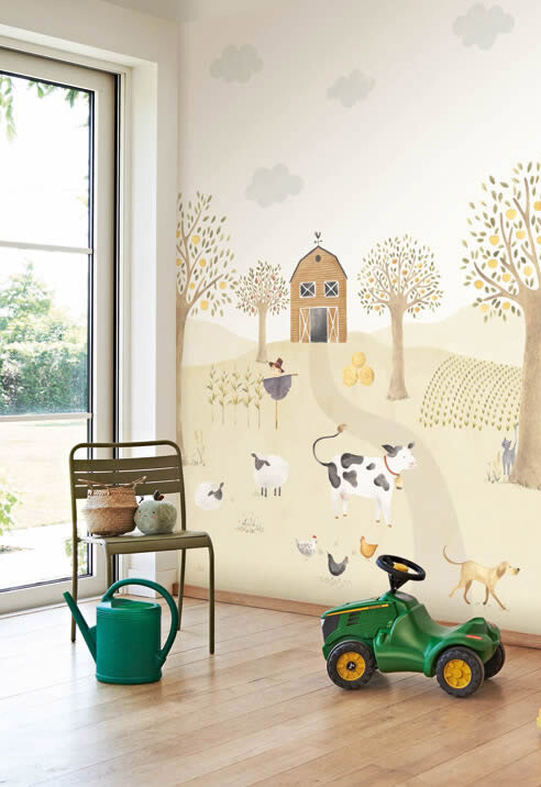 Pastel Colored Wall Mural Cows Sheep Chickens Casadeco - Once upon a time OUAT88337003-36-OUAT88337003