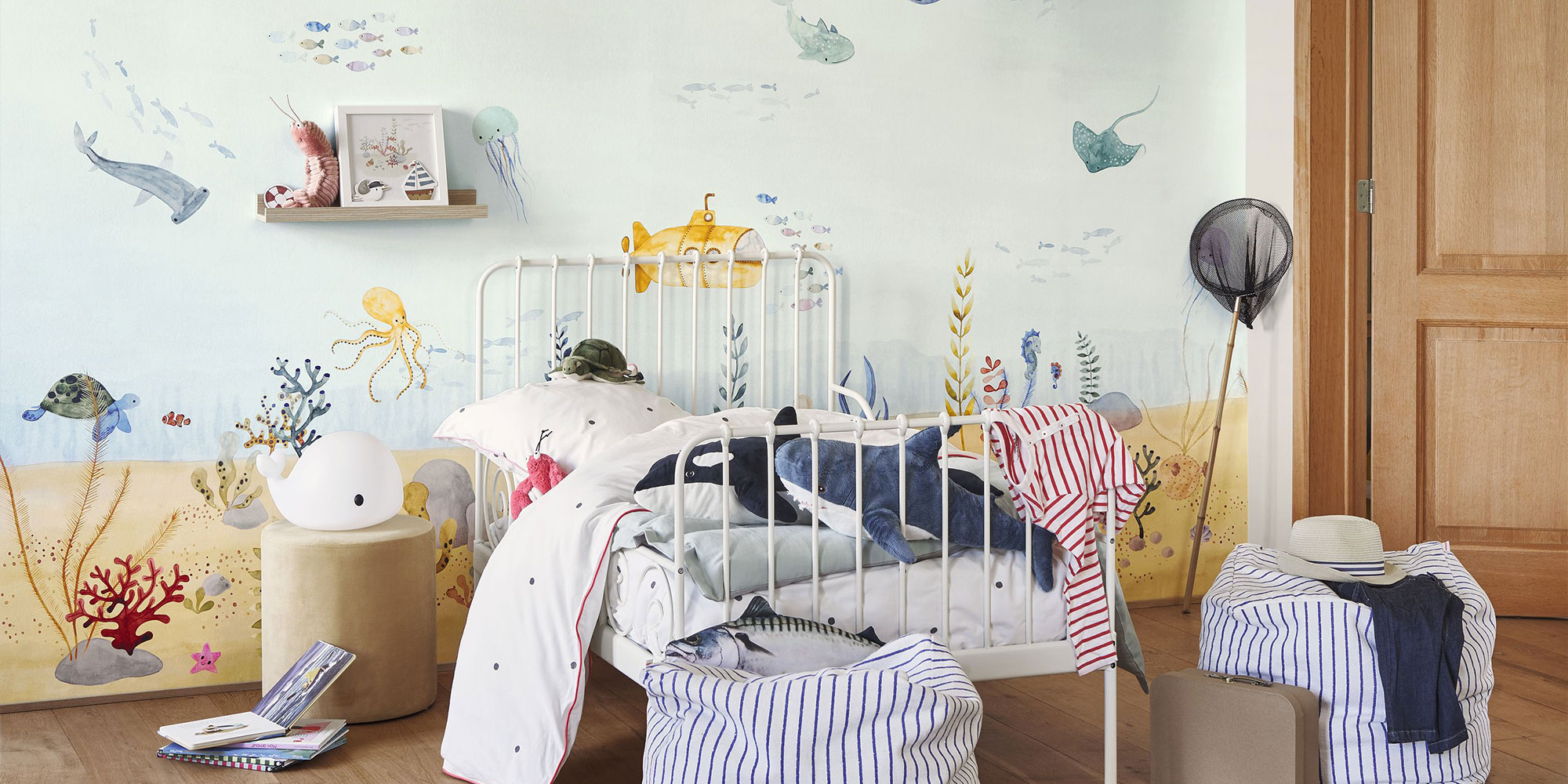Blaues Wandbild Kinderzimmer mit Unterwasserwelt und Meerestieren