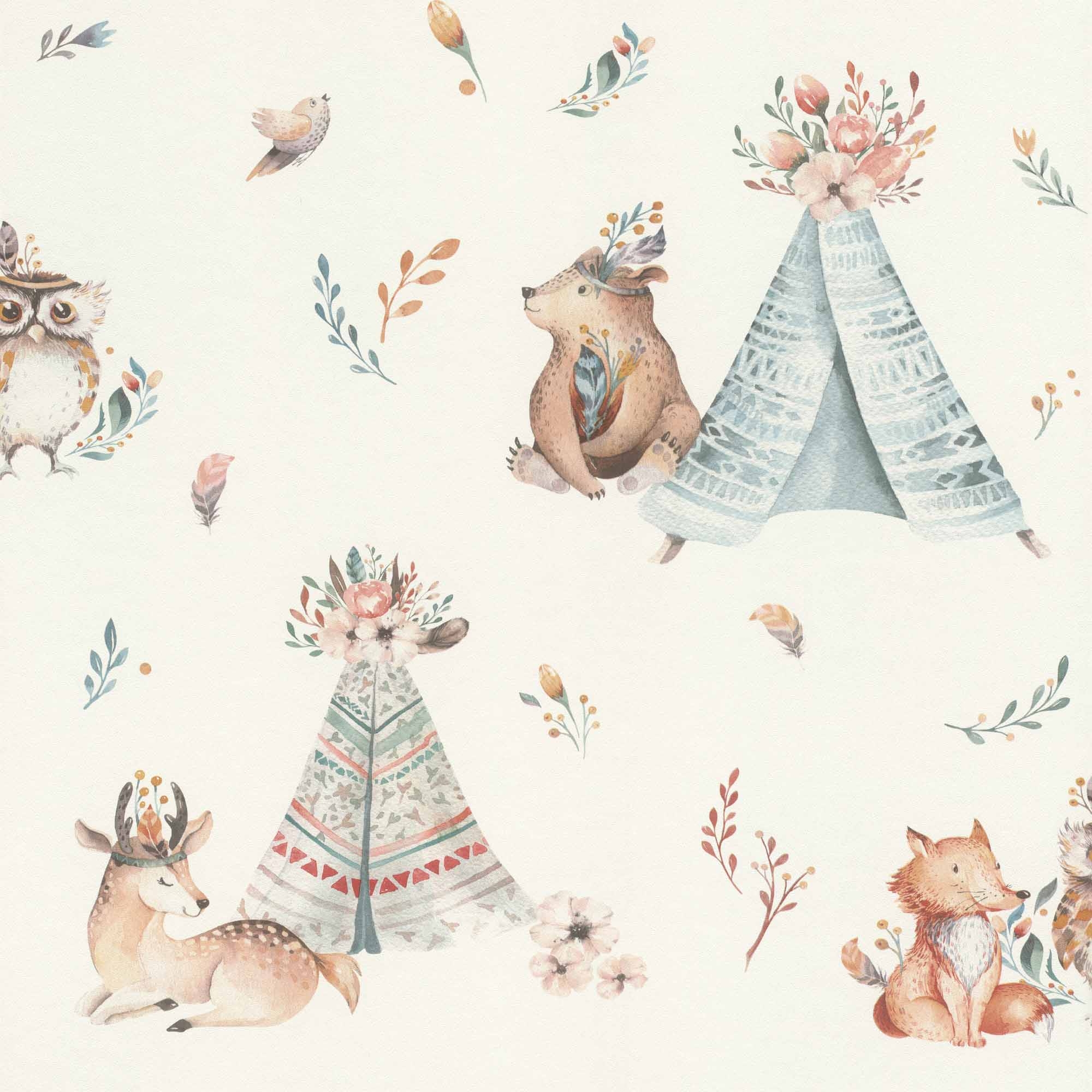 Tapete Waldtiere Blumen Indianer Vliestapete Reh und Fuchs im Tipi