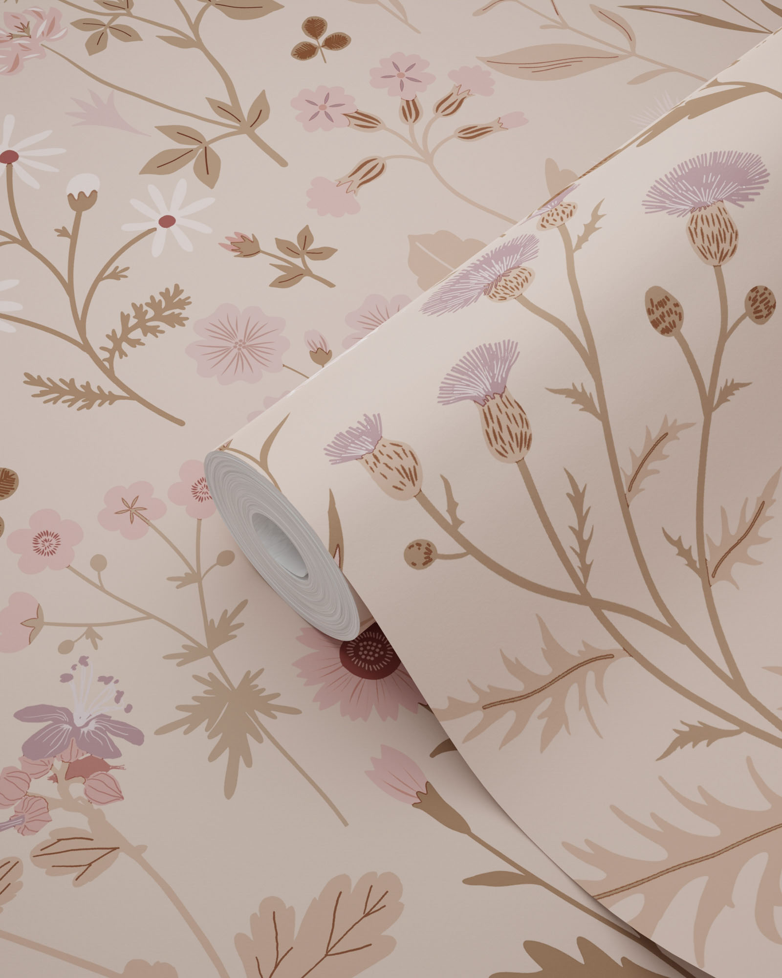 Wildflowers floral pattern wallpaper girls room dusty pink