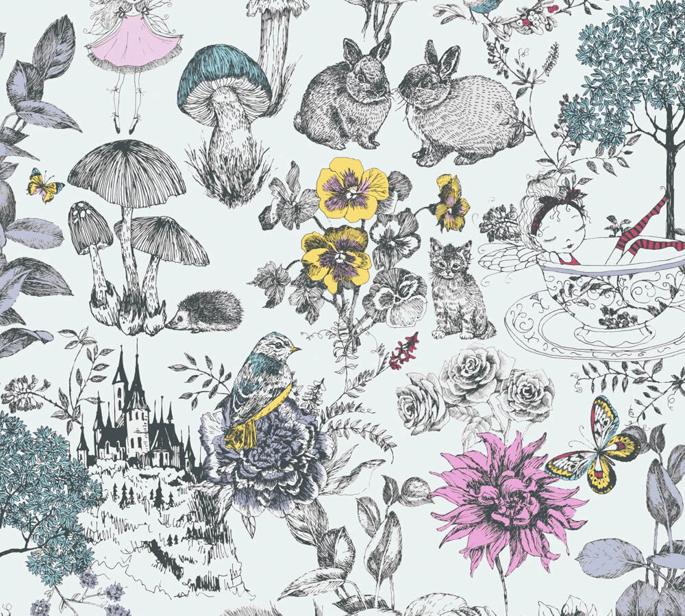 Gray and colorful non-woven wallpaper animals and flowers Little Love AS Creation 381201