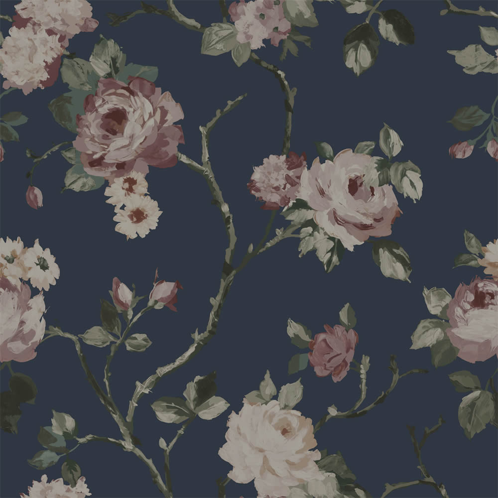 elegante Blumentapete Rosenblüten dunkelblau Vlies 139409