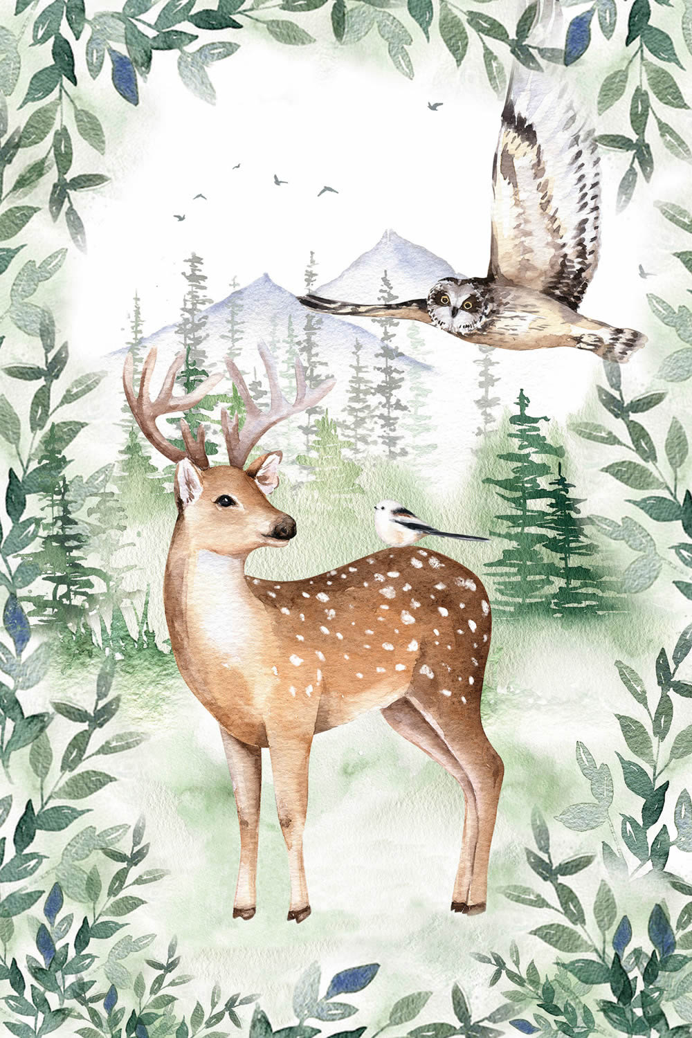 Leinwandbild Waldtiere Hirsch und Eule DD129428 40 x 60 cm-8-DD129428