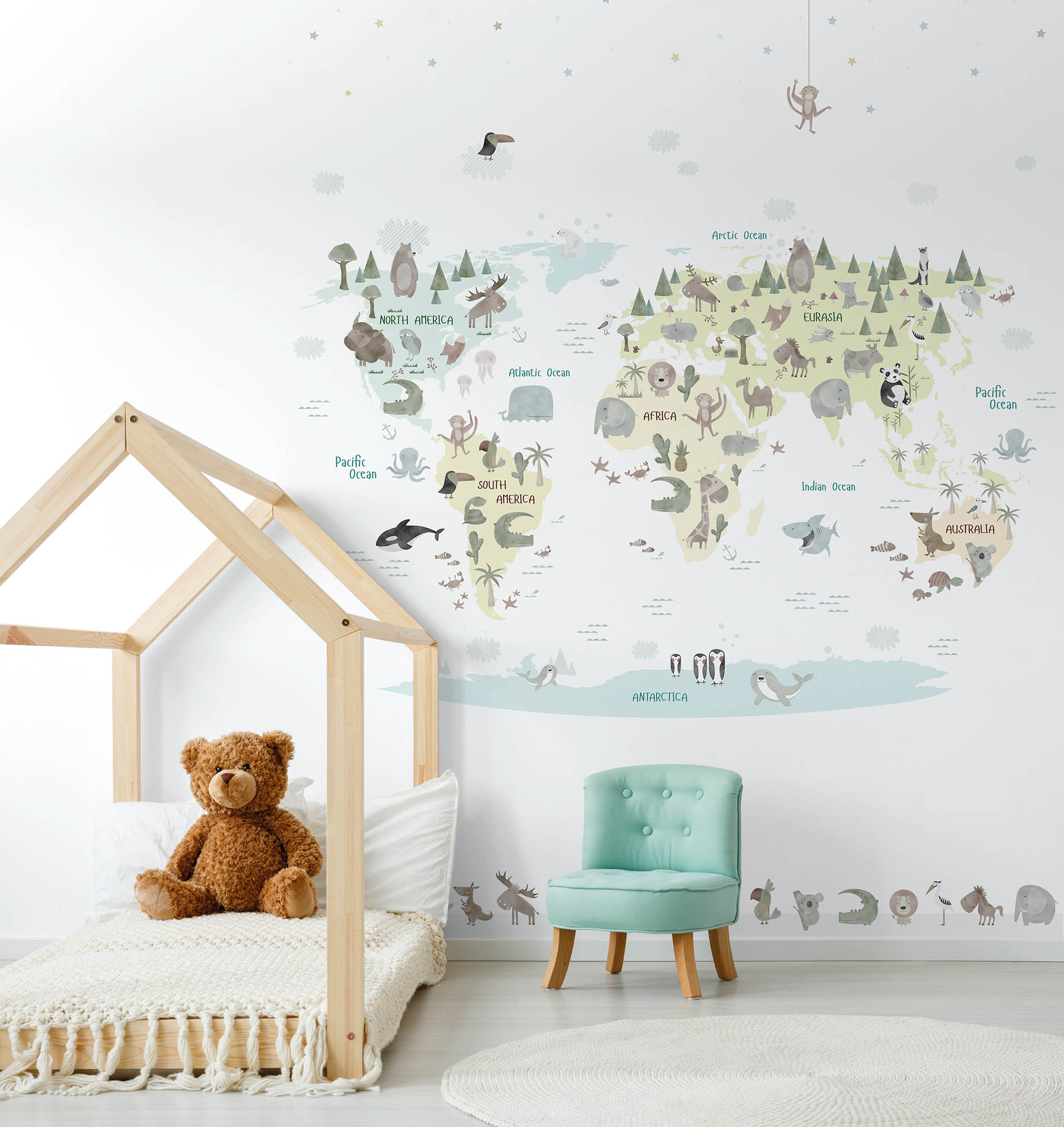 Weltkarten Wandbild Tiere naturfarbend weiß Prägevlies