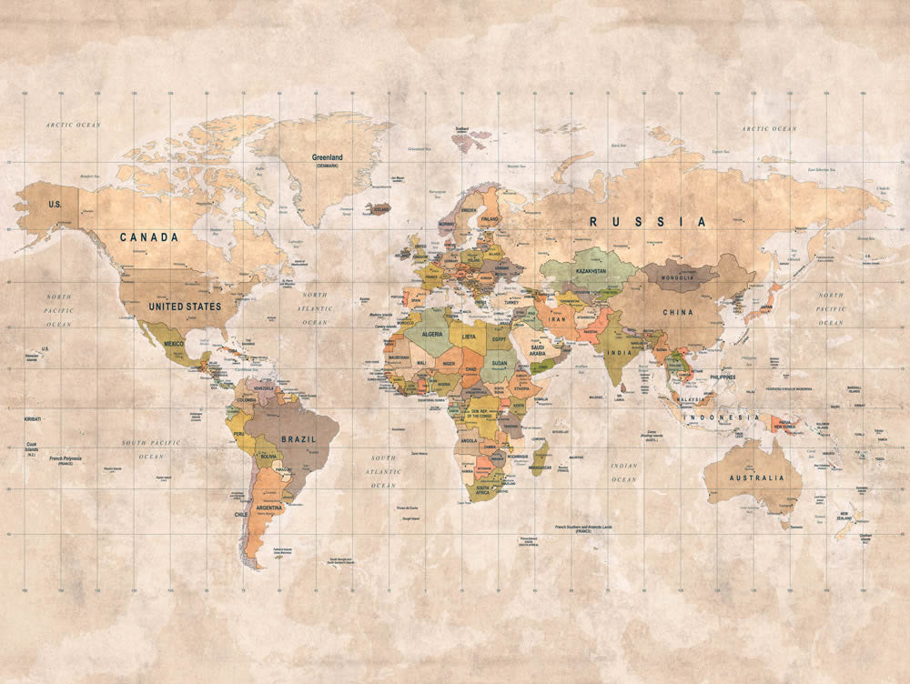 Fototapete 371 x 280 cm Weltkarte 7 Bahnen Erdfarbend ML3001