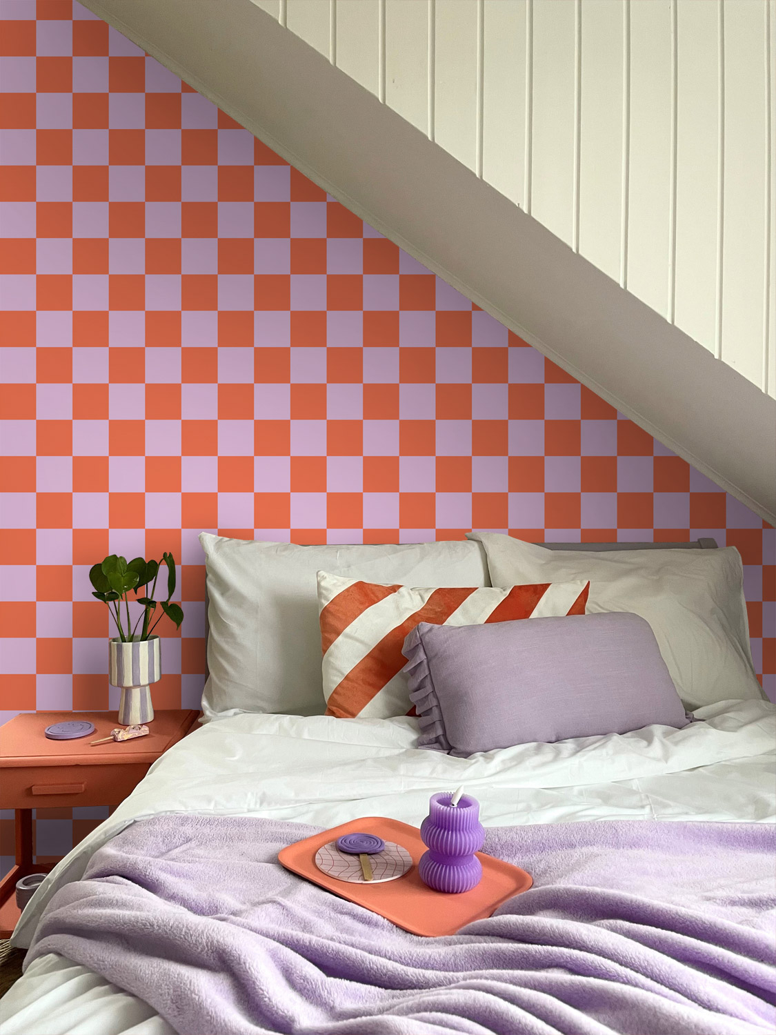 Tapete Schachbrett Tapete lila orange Vlies 130914