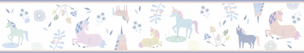 kleine Pferde Blumen und Einhorn Borte weiß und bunt Kids Walls 45824
